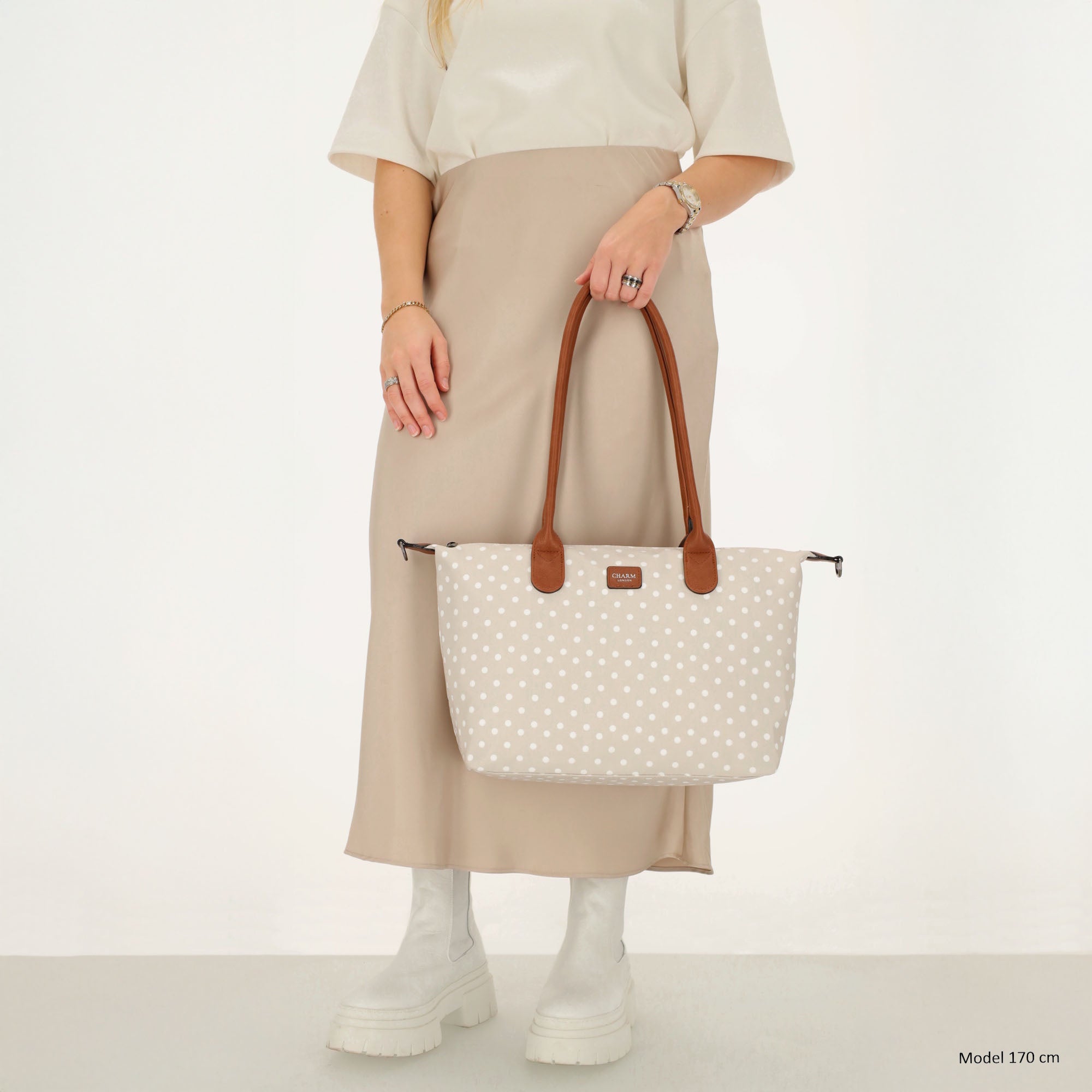 Buckingham Shopper stippen wit-taupe