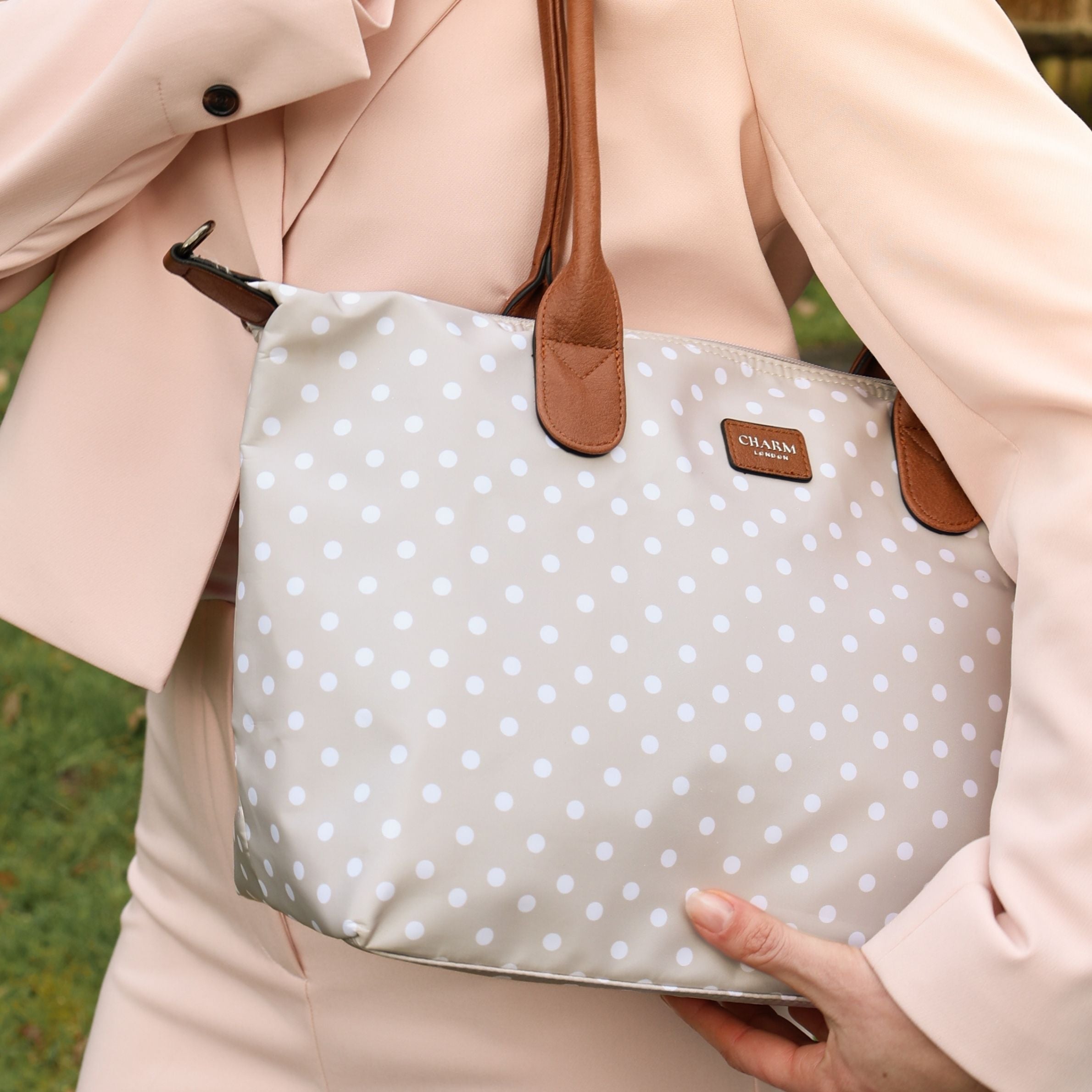 Buckingham Shopper stippen wit-taupe