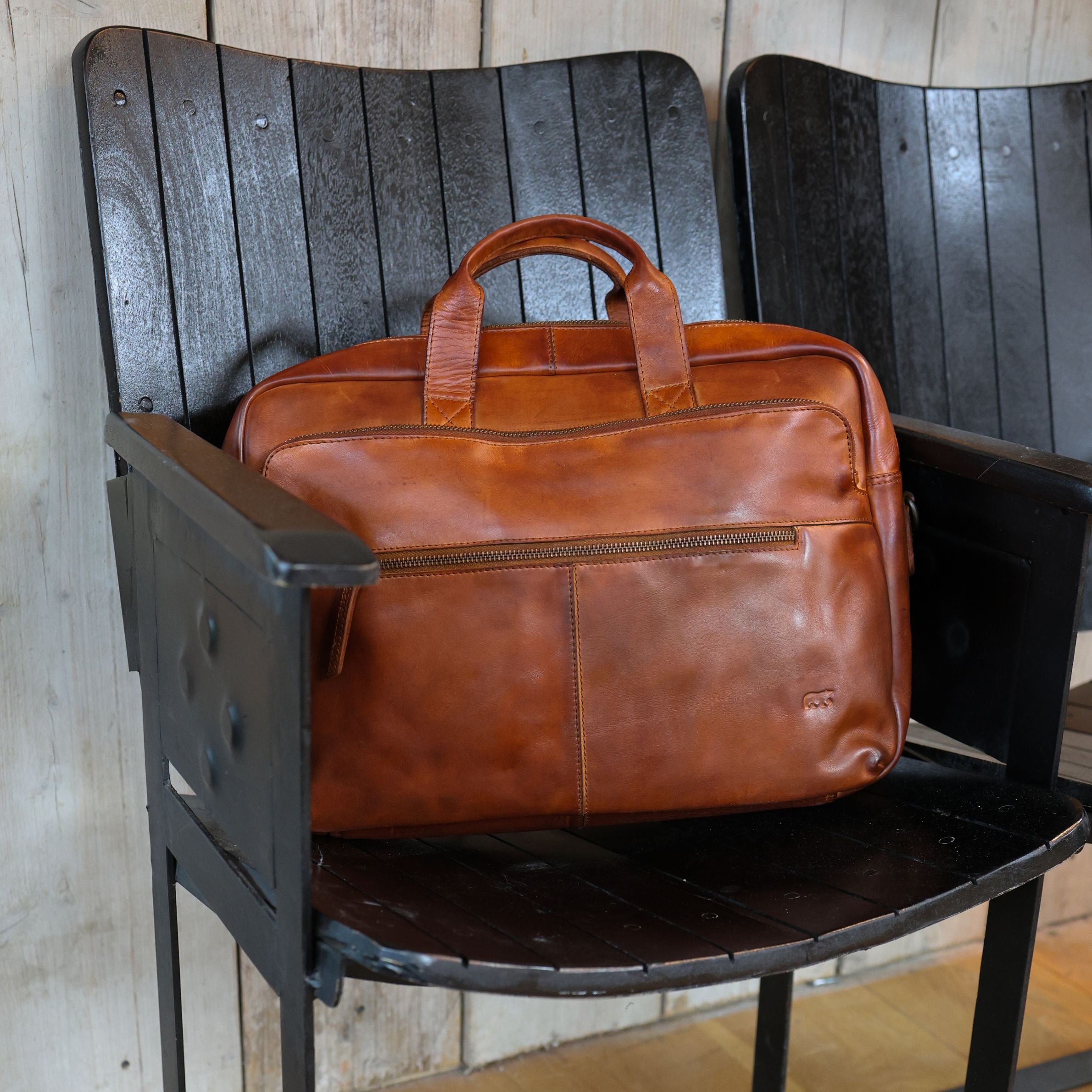 Laptoptas 'dubbele rits Jamie' cognac
