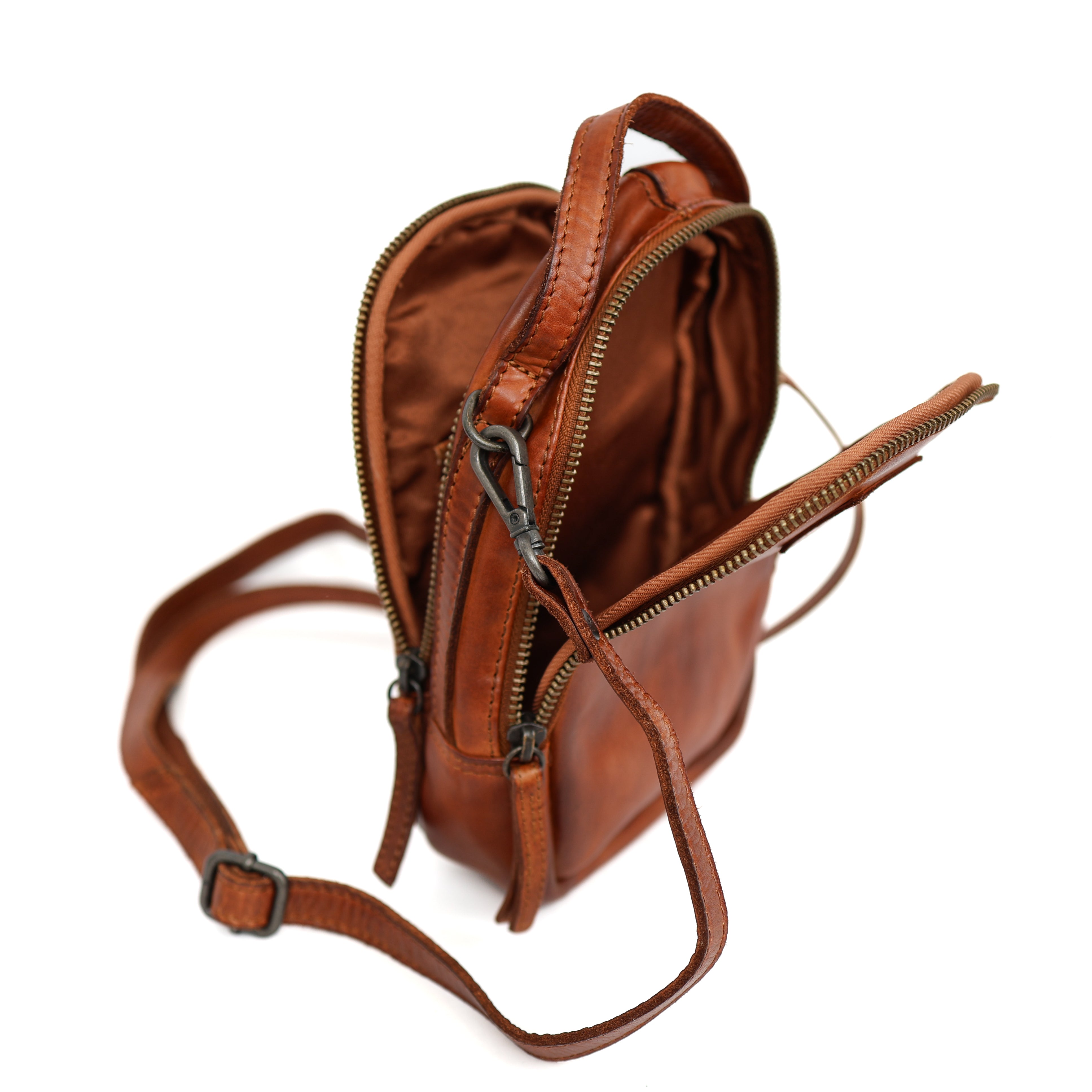 Klein schoudertasje met ritsen 'Bodhi' cognac