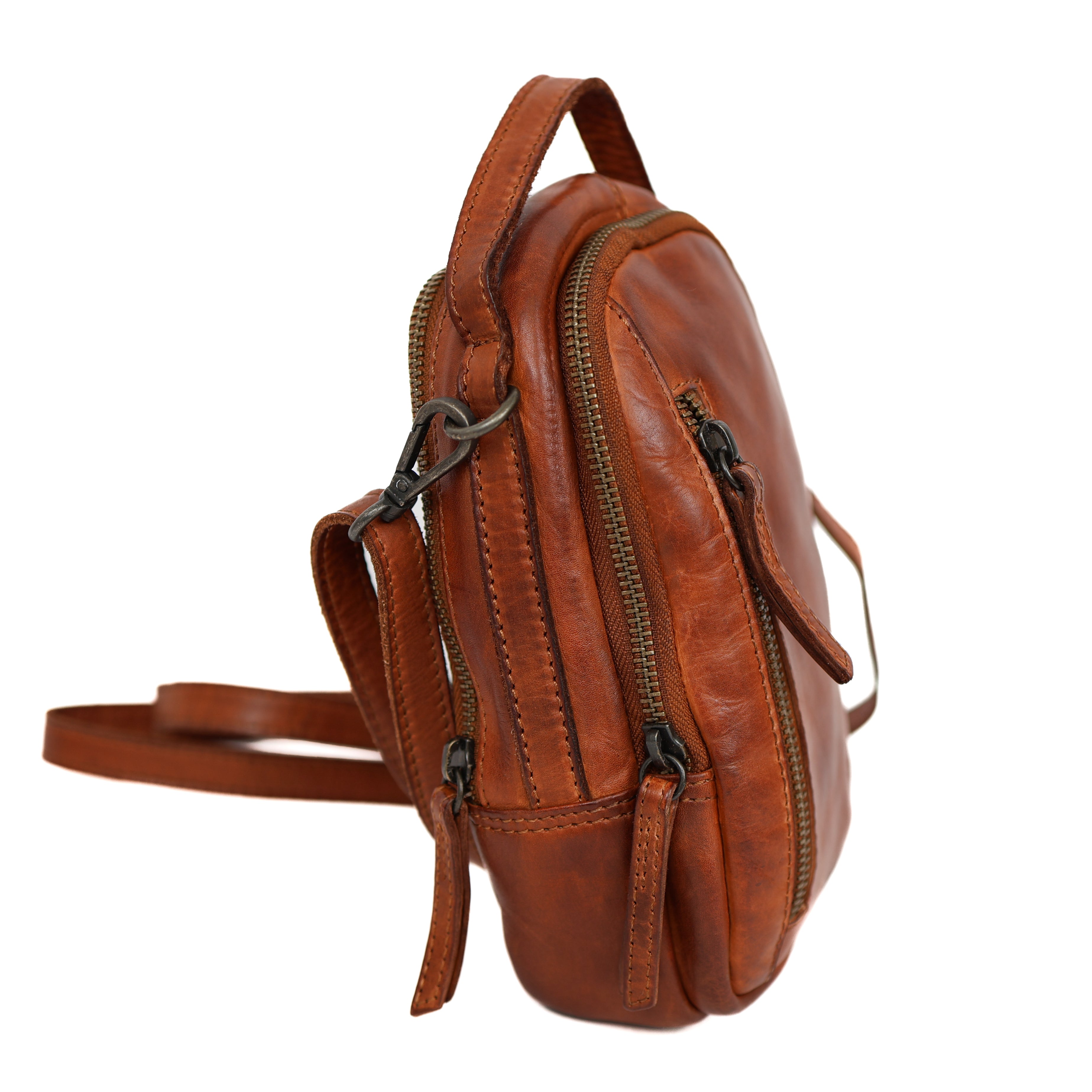 Klein schoudertasje met ritsen 'Bodhi' cognac