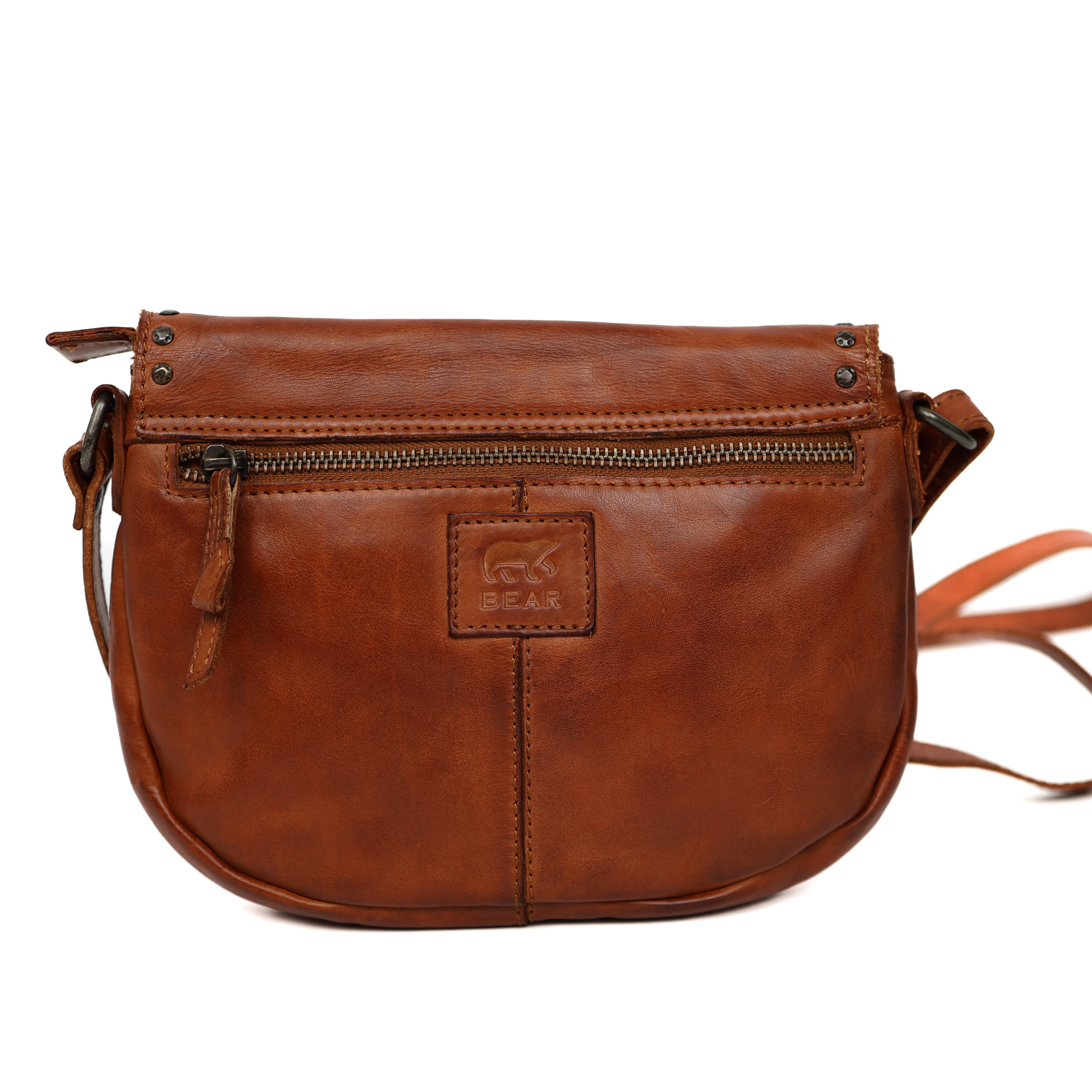 Klein schoudertasje met flap 'Jackie' cognac studs