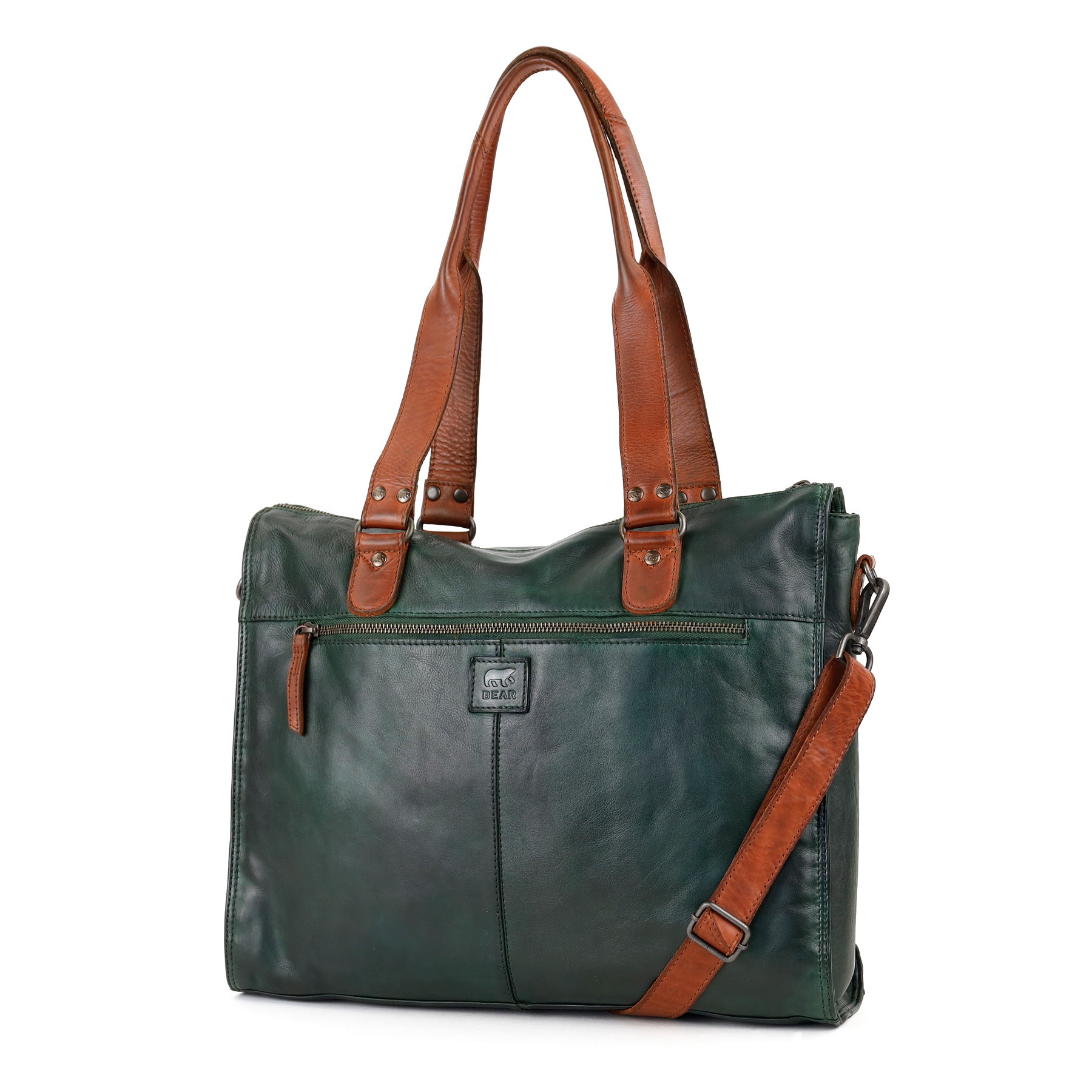 Hand-/schoudertas met laptopvak 15.6” 'Mea' groen/cognac