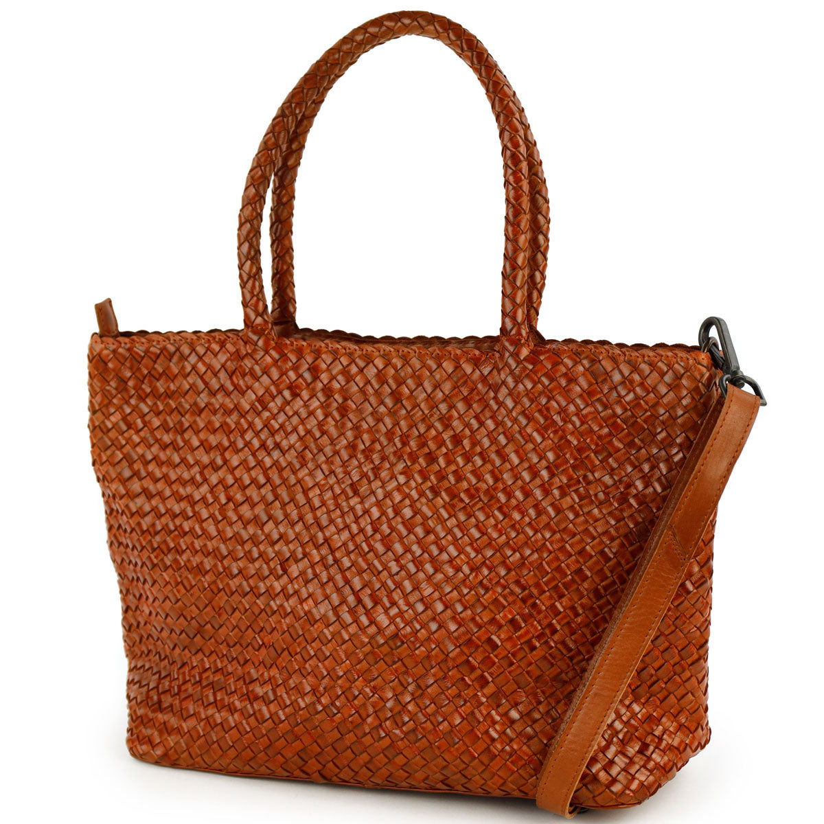 Gevlochten shopper/schoudertas 'Suus' cognac