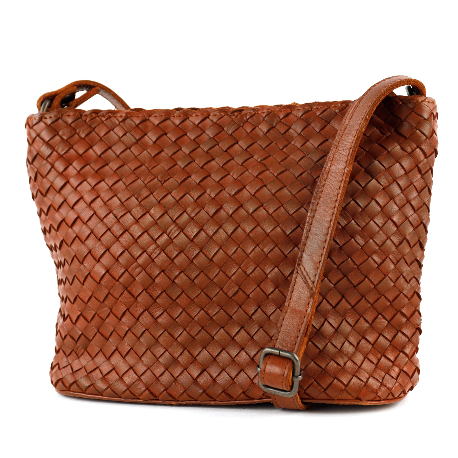 Gevlochten schoudertasje 'Joan' cognac