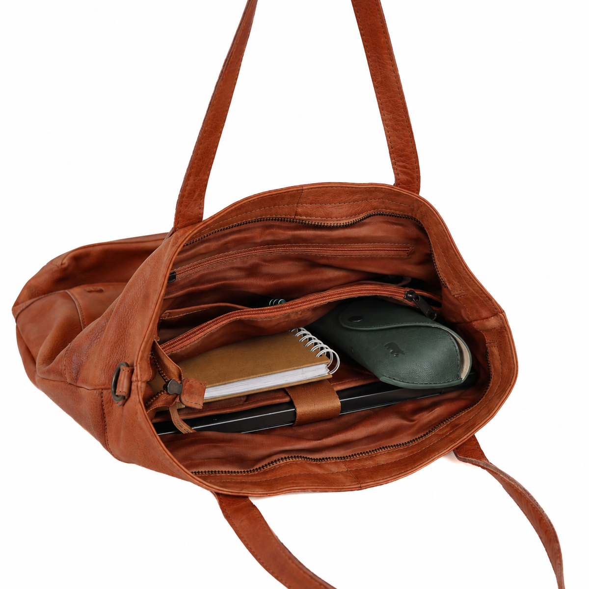 Ruime shopper/schoudertas met laptopvak - 'Claire' cognac