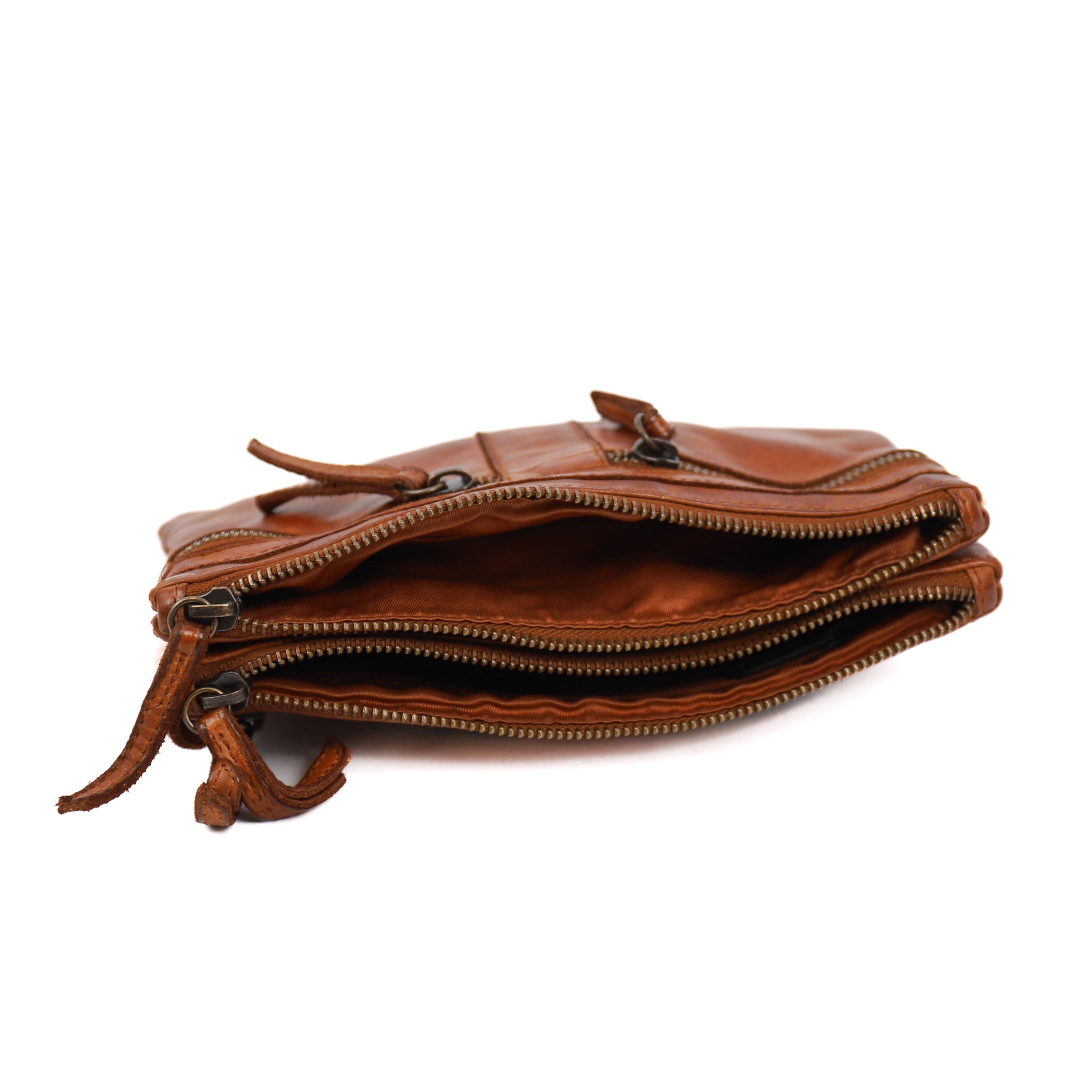 Double zipper shoulder bag 'Linda' cognac