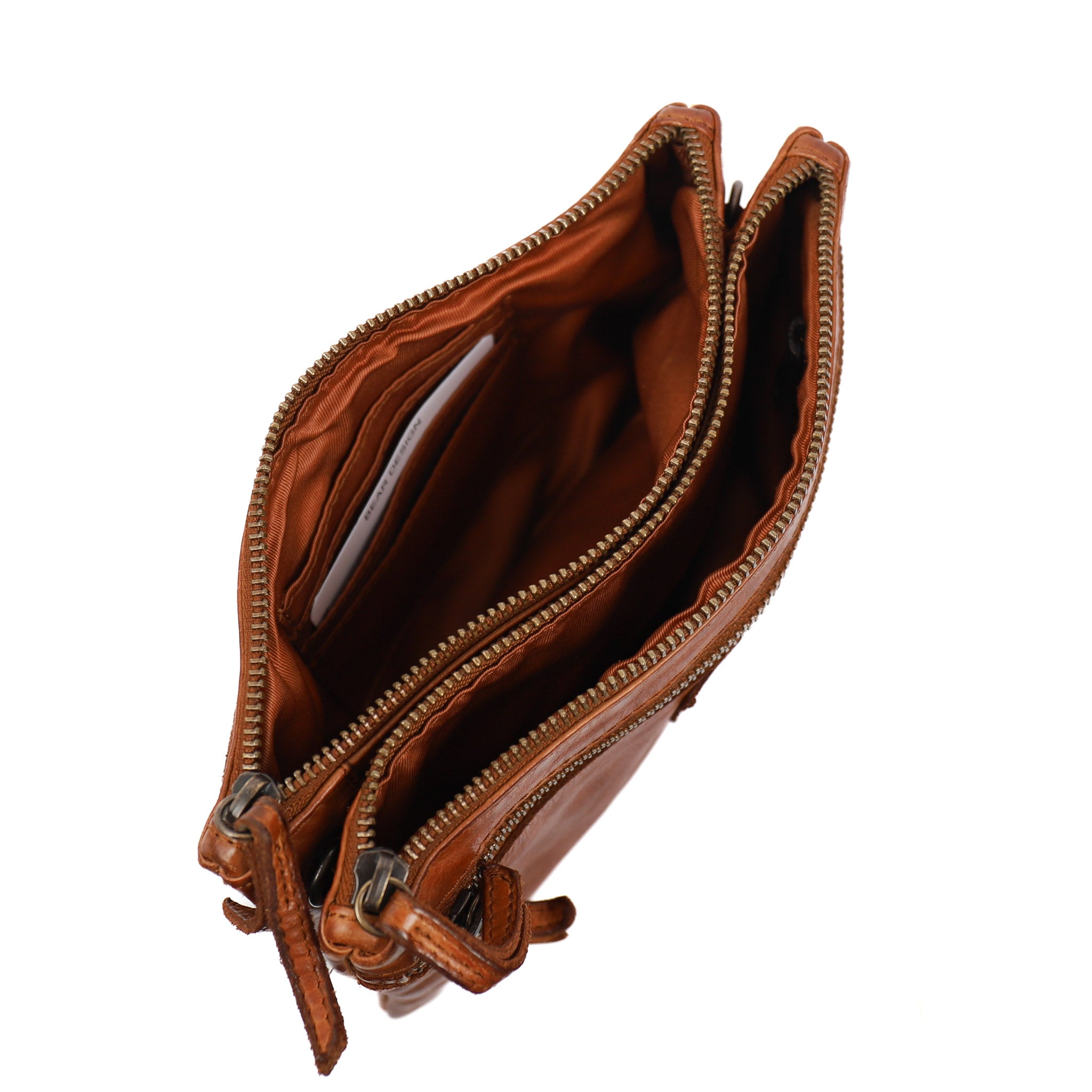 Double zipper shoulder bag 'Linda' cognac