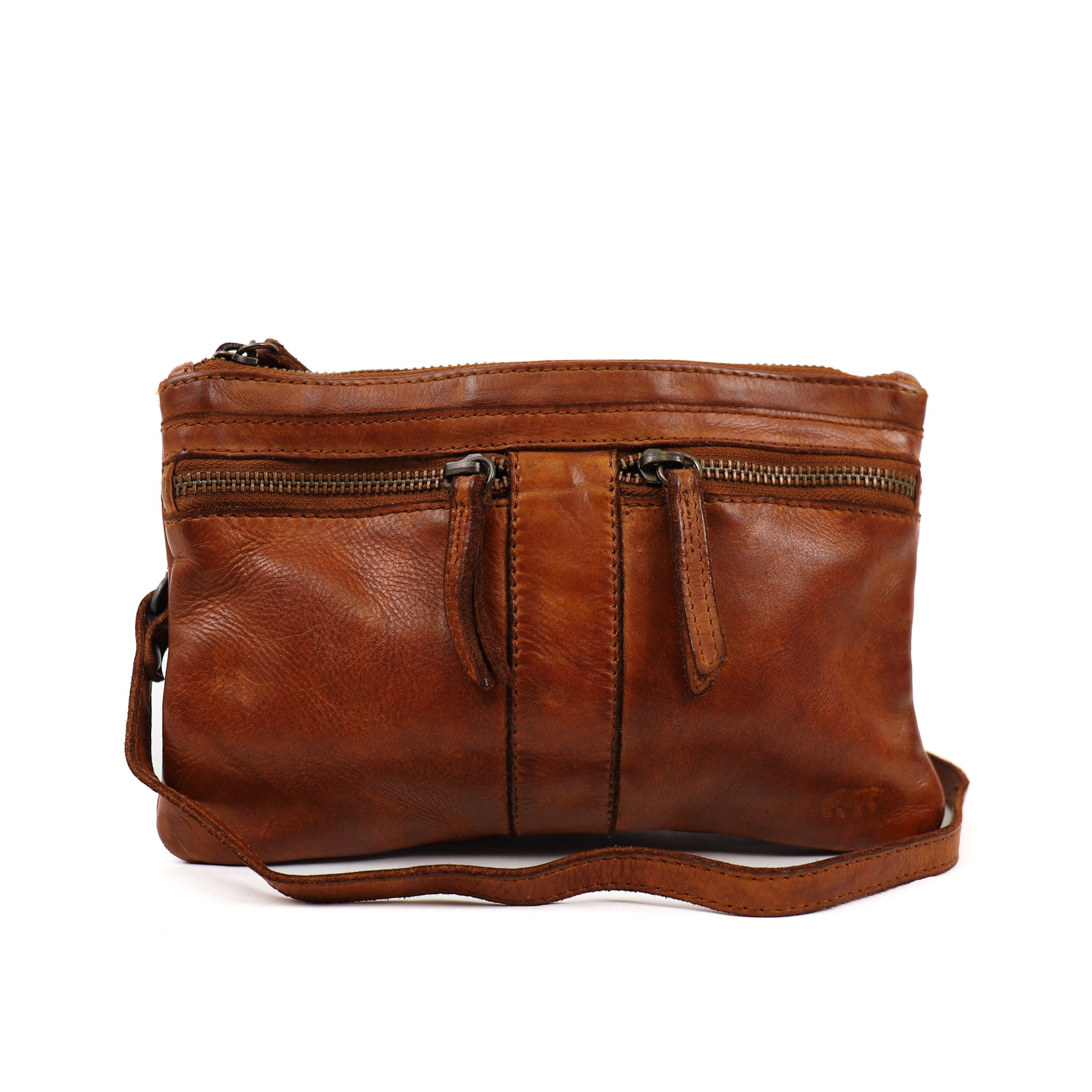 Double zipper shoulder bag 'Linda' cognac