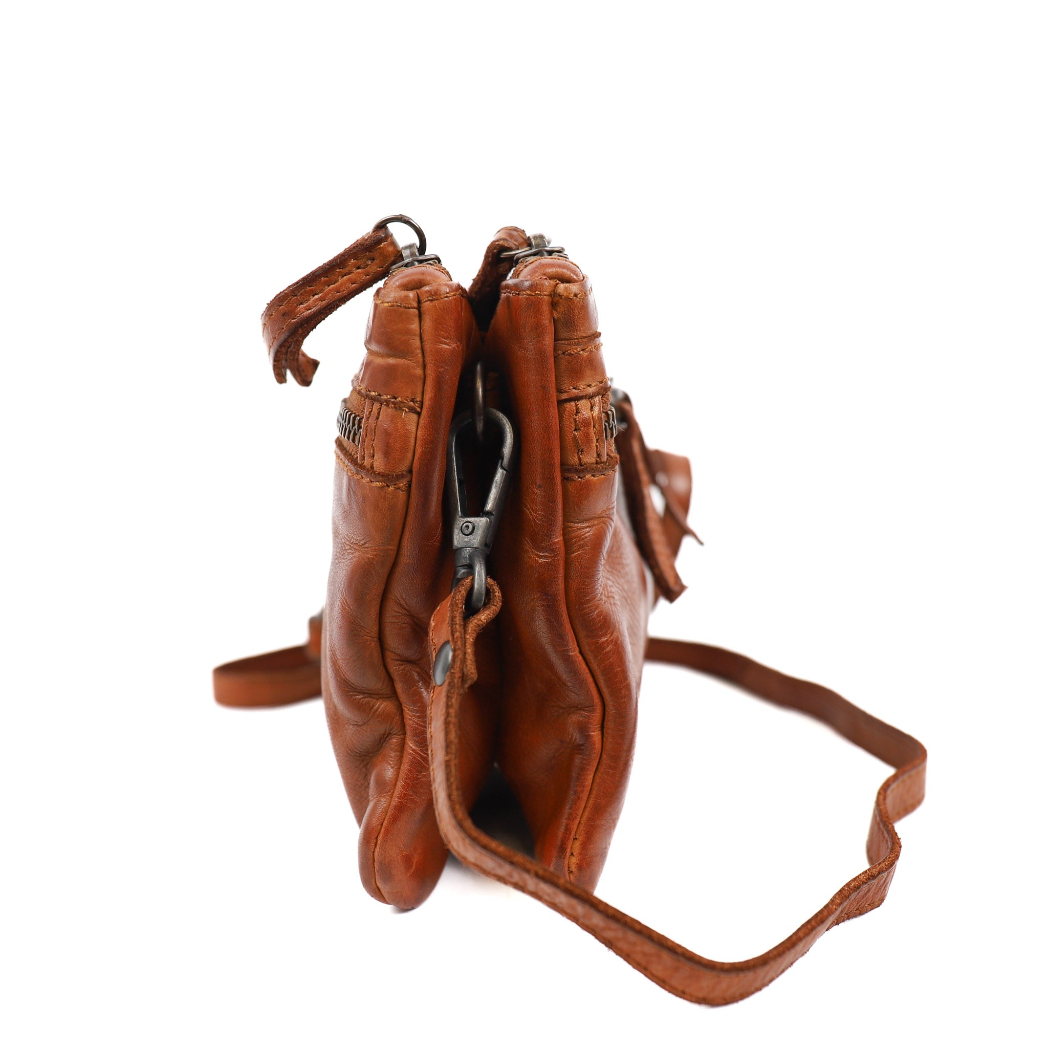 Double zipper shoulder bag 'Linda' cognac