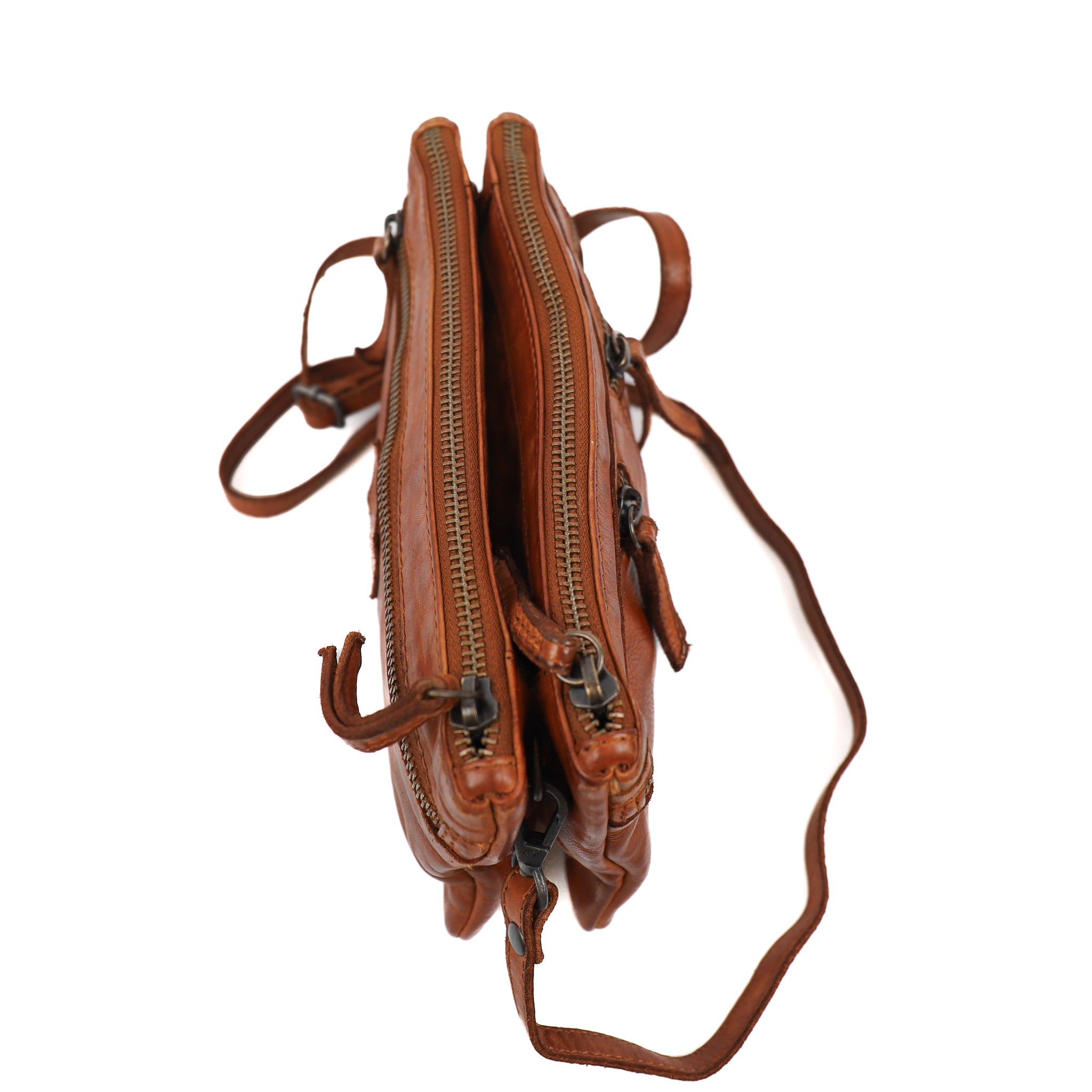 Double zipper shoulder bag 'Linda' cognac