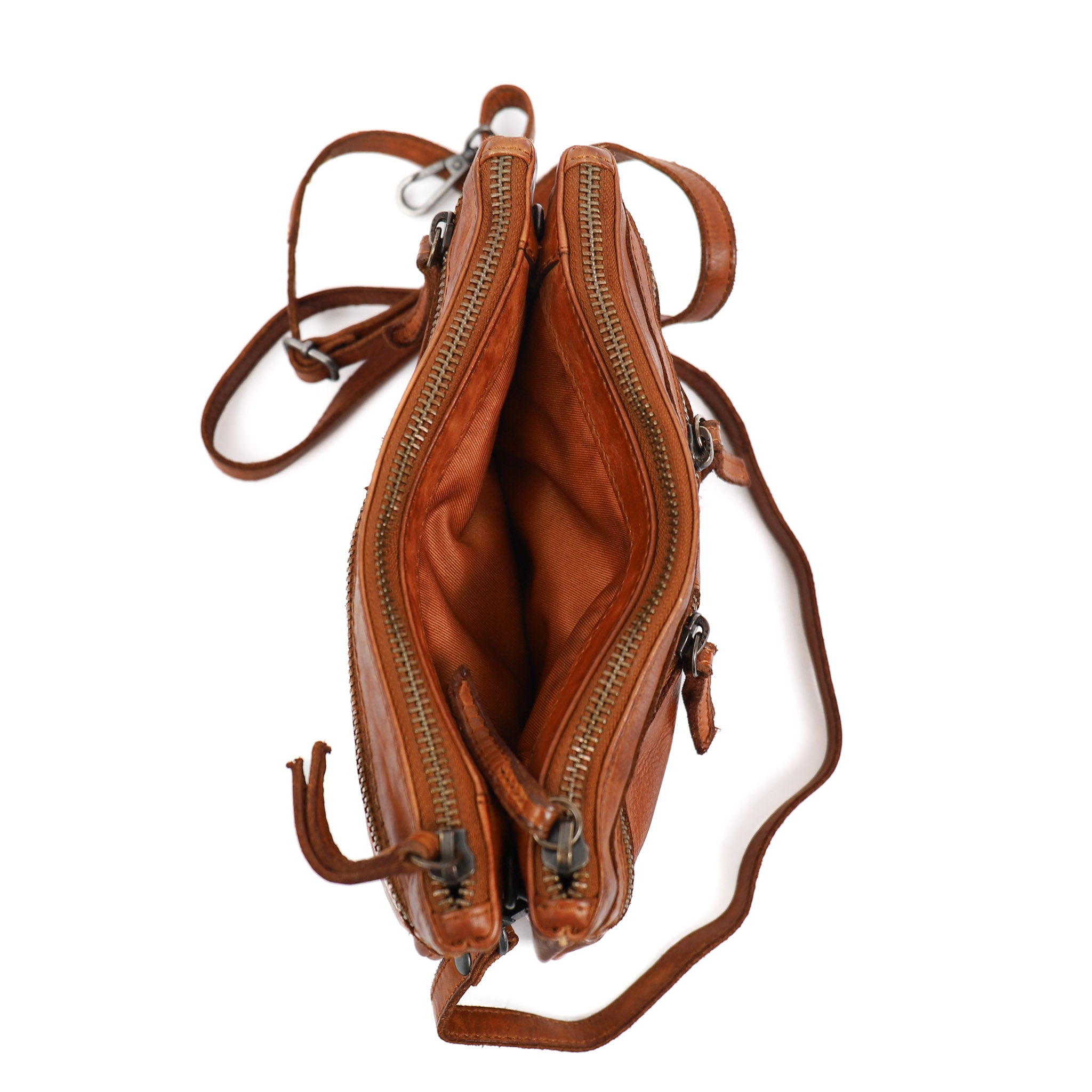 Double zipper shoulder bag 'Linda' cognac