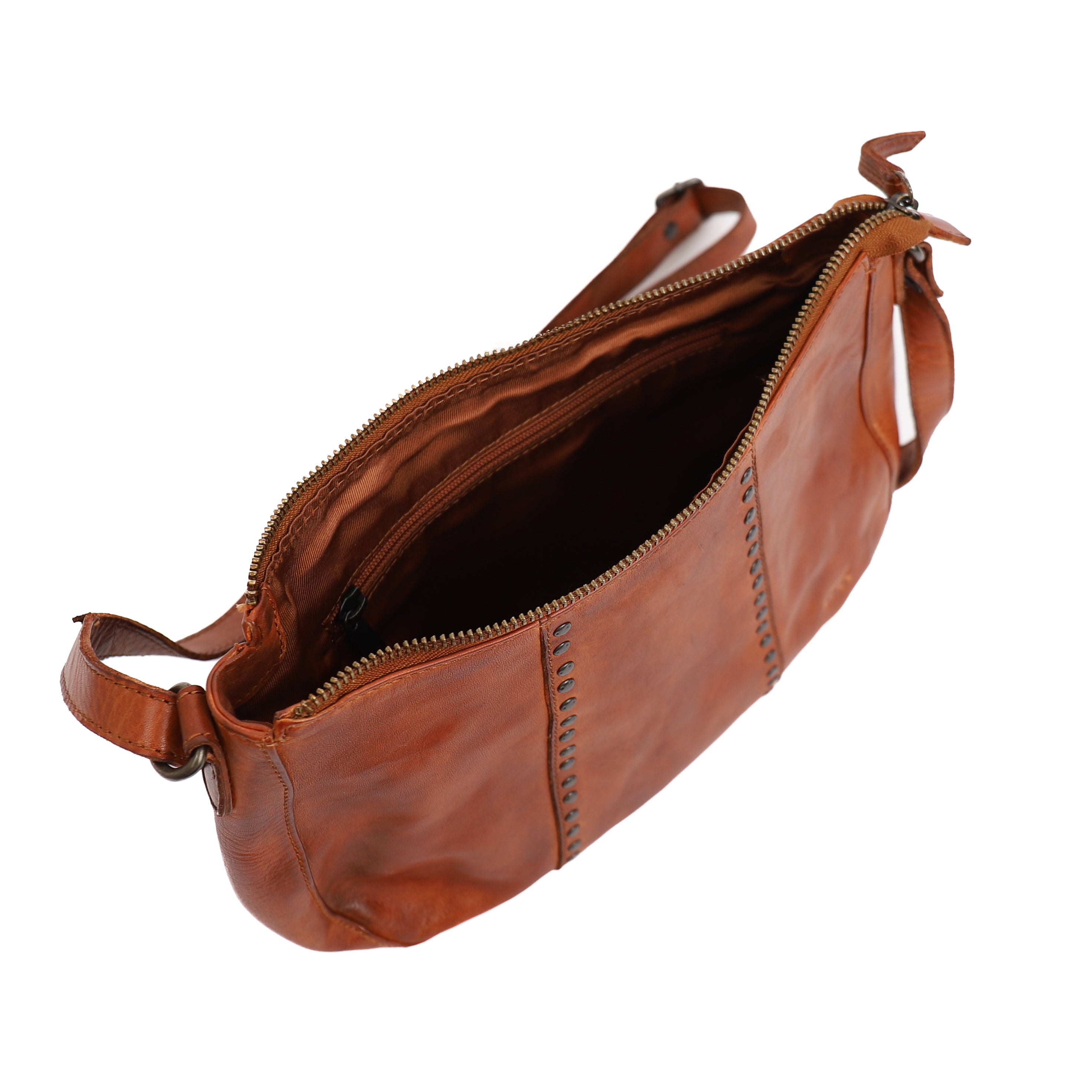 Middelgroot schoudertasje met studs 'Saar' cognac