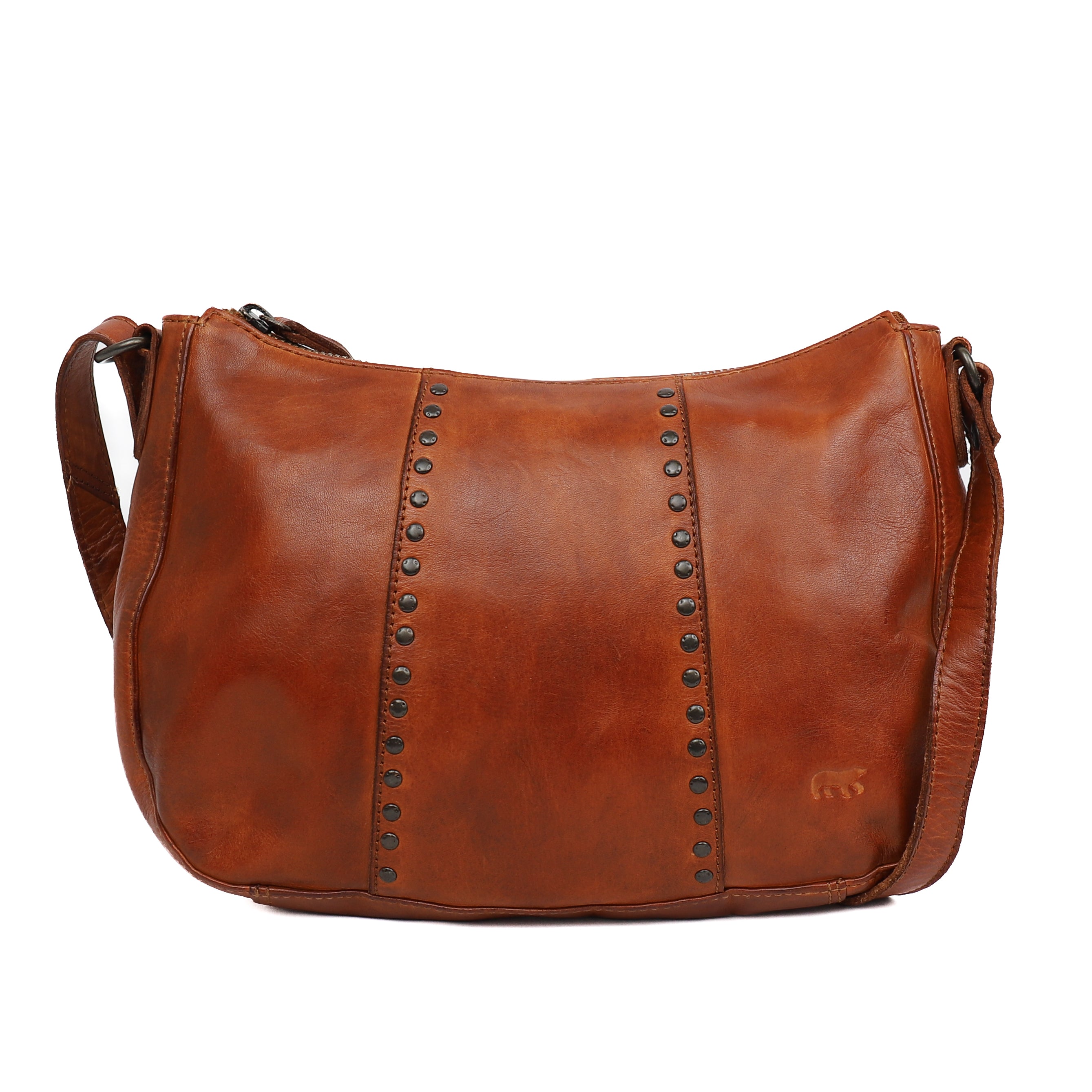 Middelgroot schoudertasje met studs 'Saar' cognac