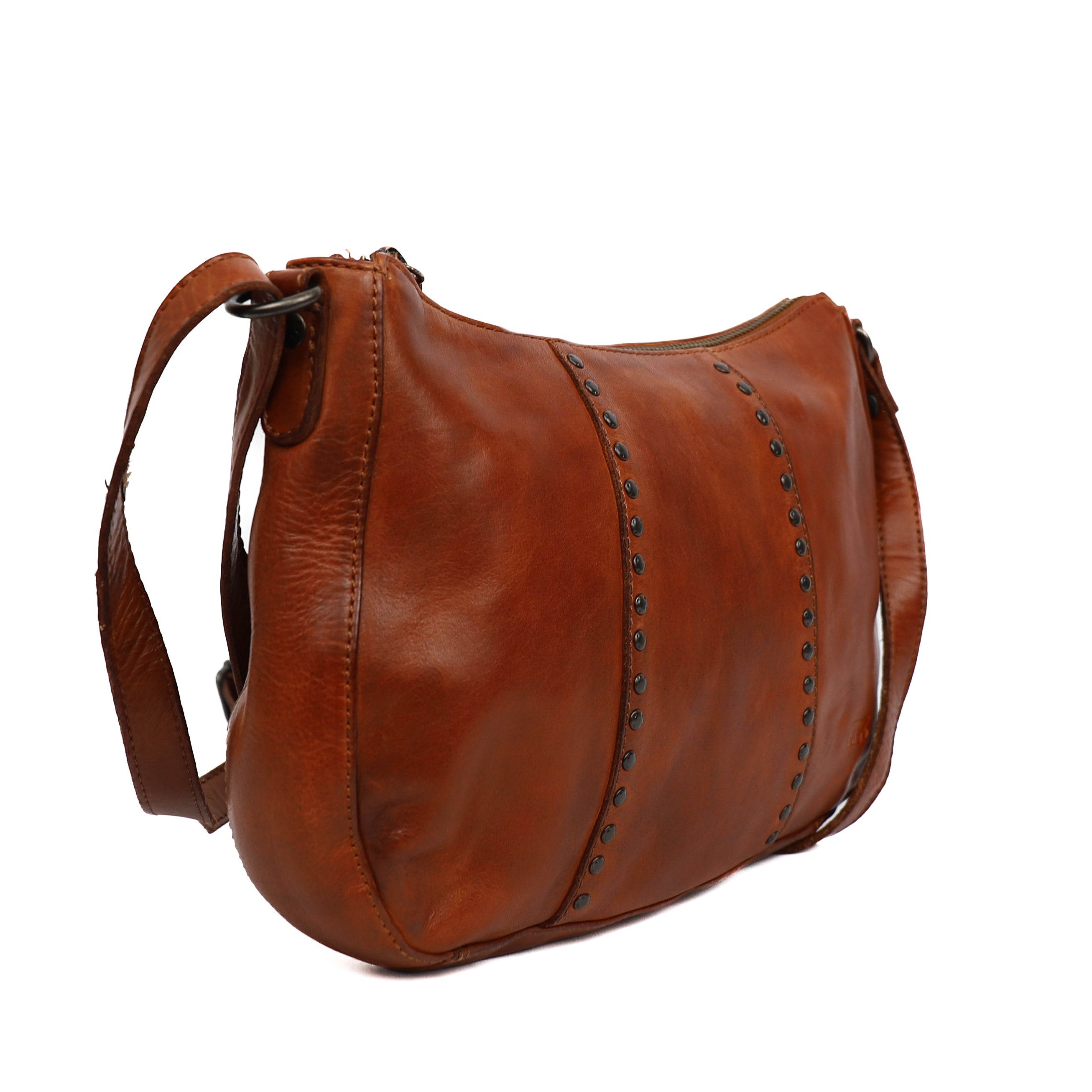 Middelgroot schoudertasje met studs 'Saar' cognac