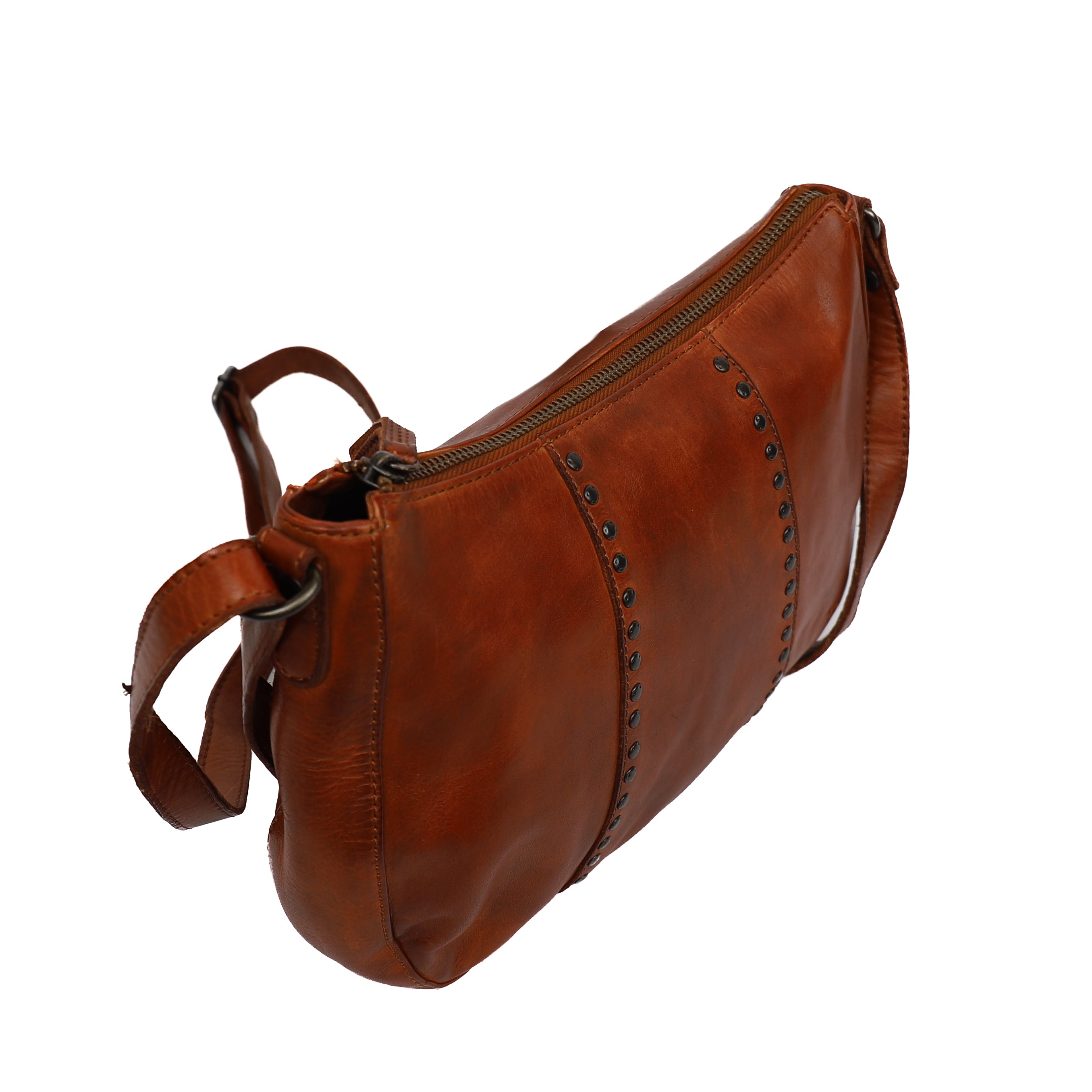 Middelgroot schoudertasje met studs 'Saar' cognac