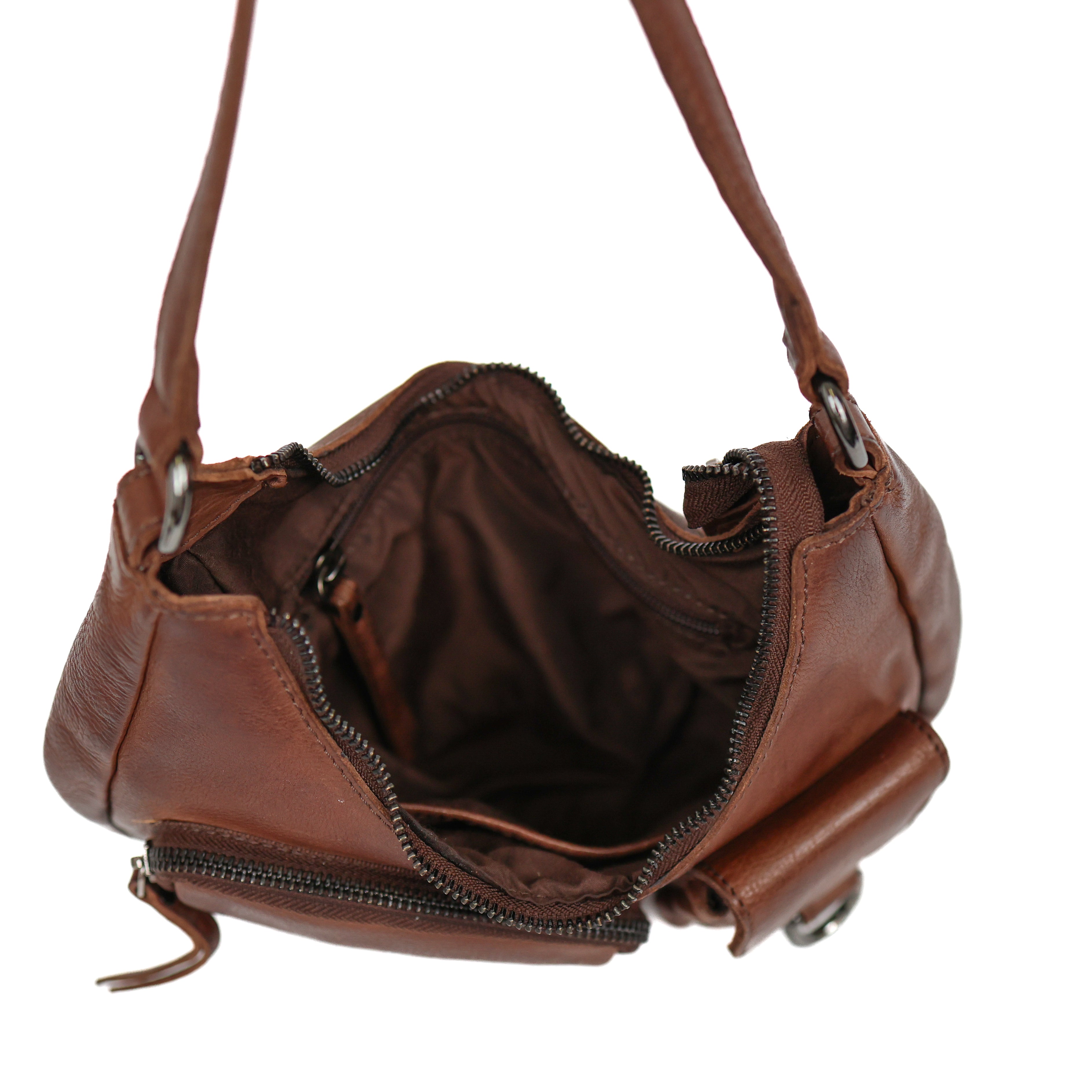 Hand/shoulderbag with front pockets 'Nienke' dark brown