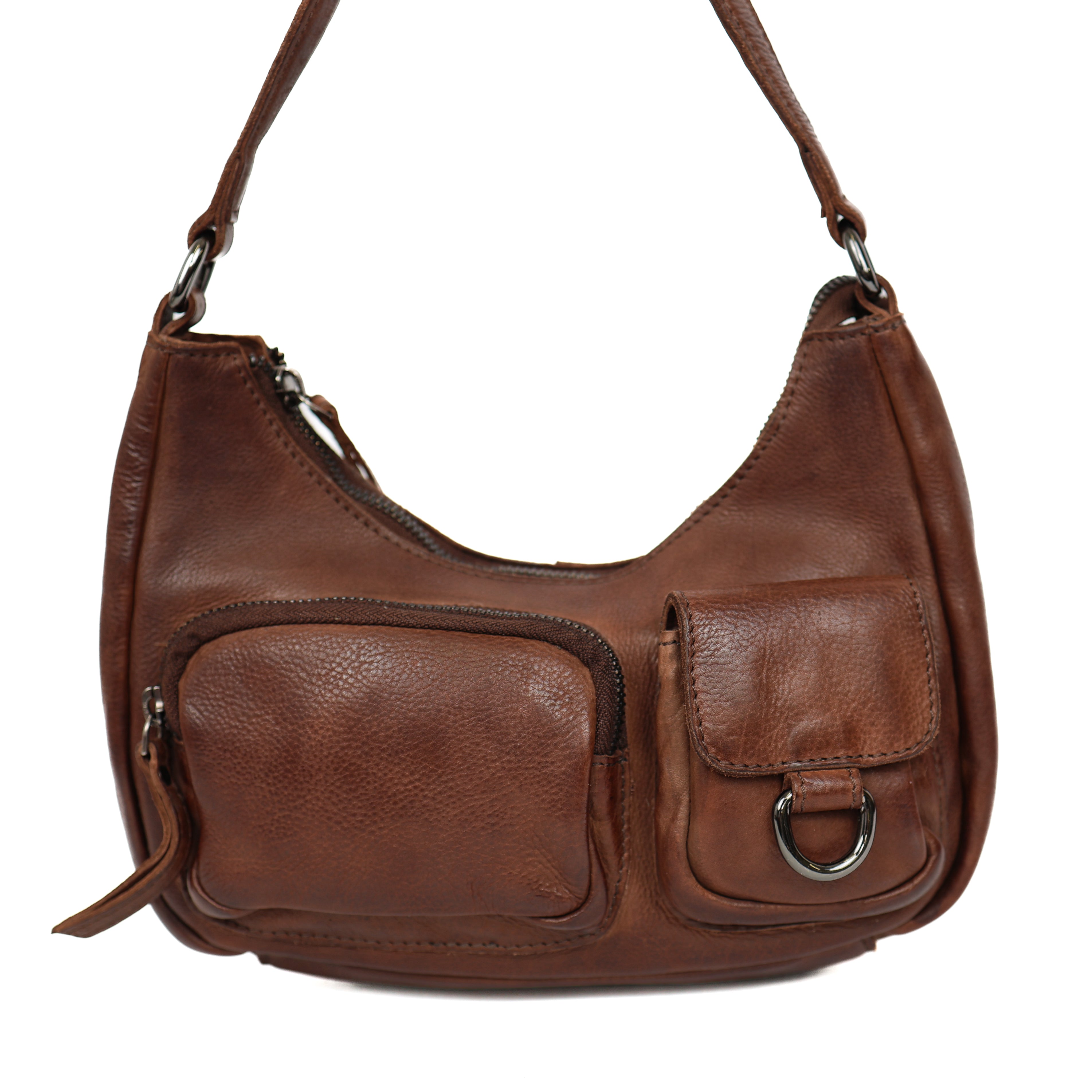 Hand/shoulderbag with front pockets 'Nienke' dark brown
