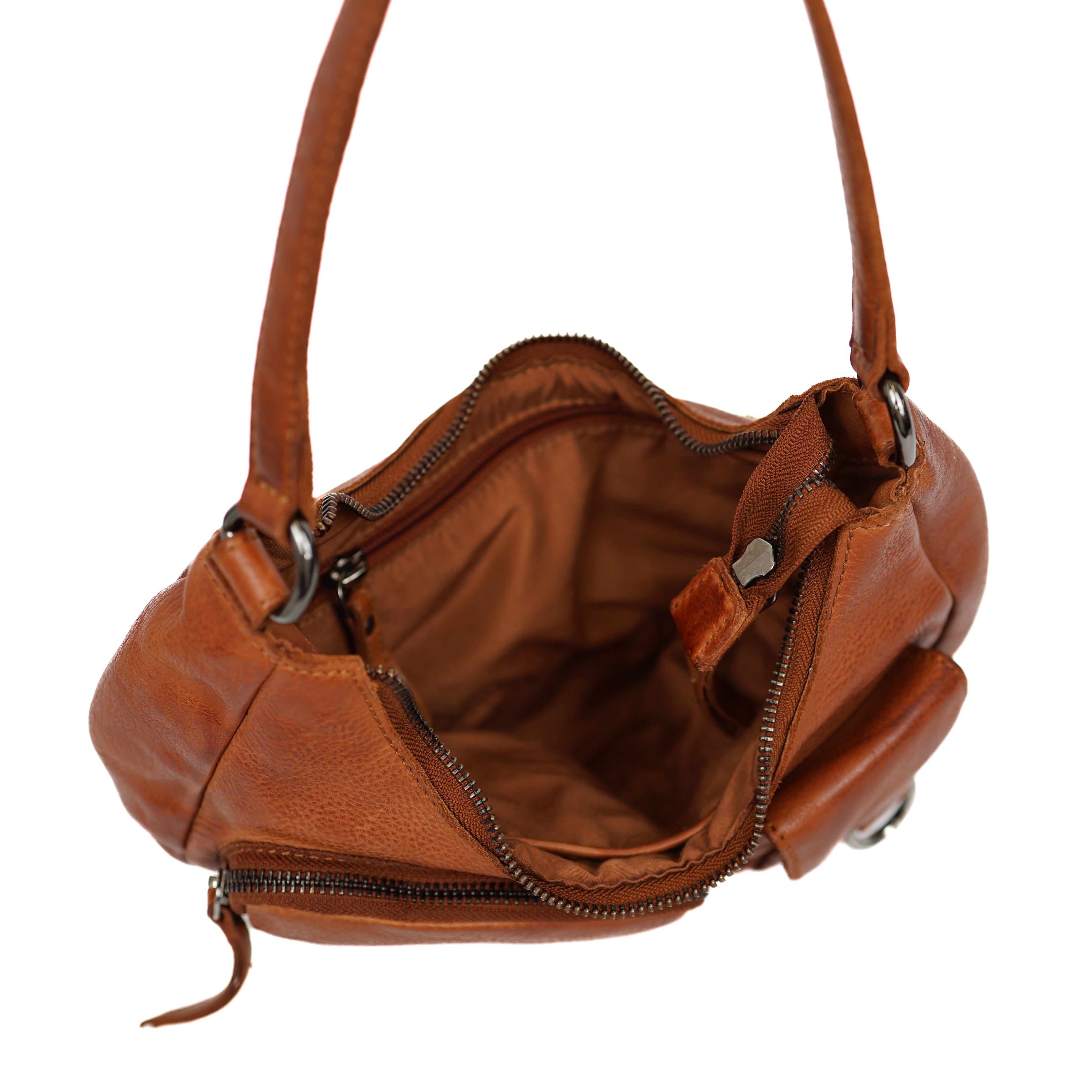 Hand/shoulderbag with front pockets 'Nienke' cognac