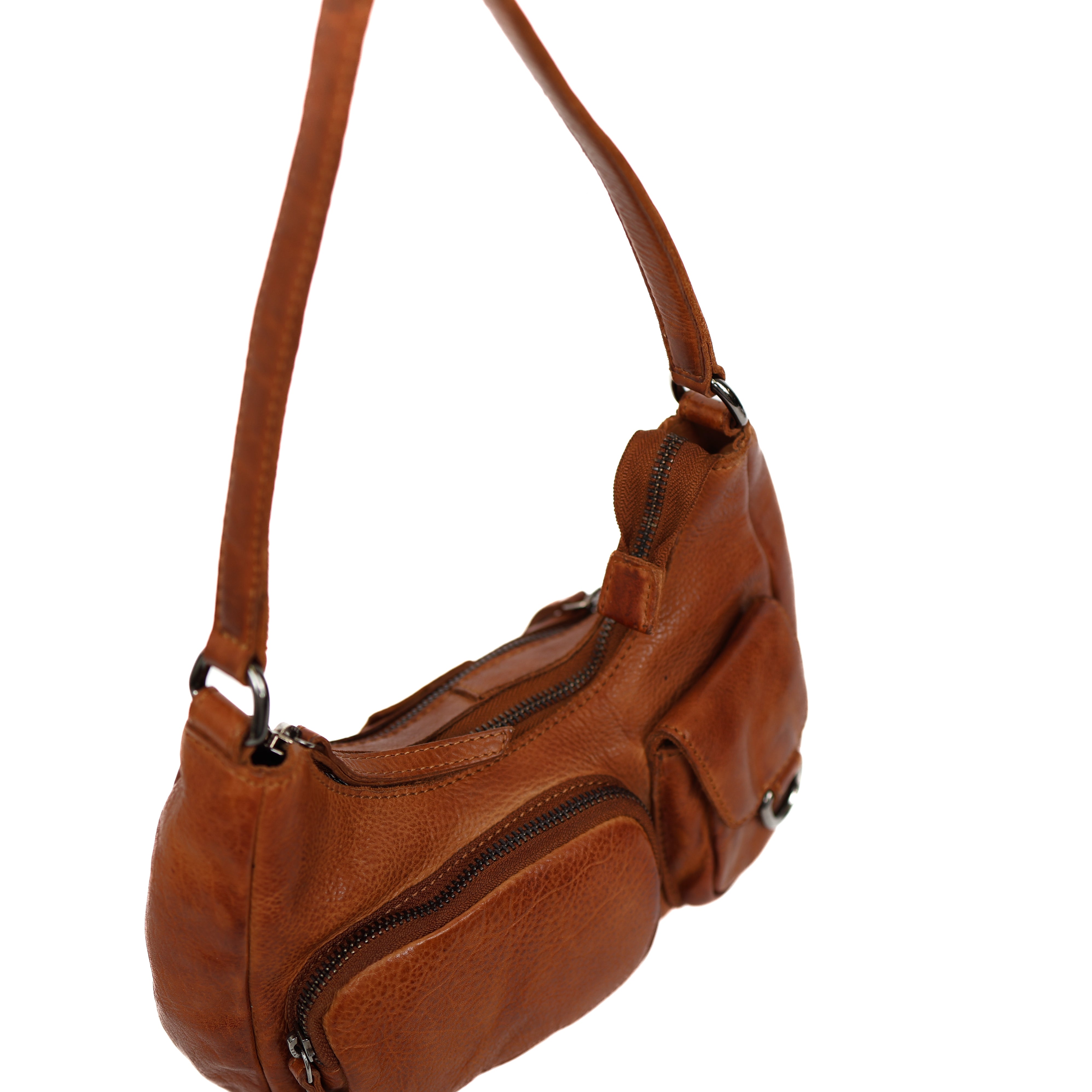 Hand/shoulderbag with front pockets 'Nienke' cognac
