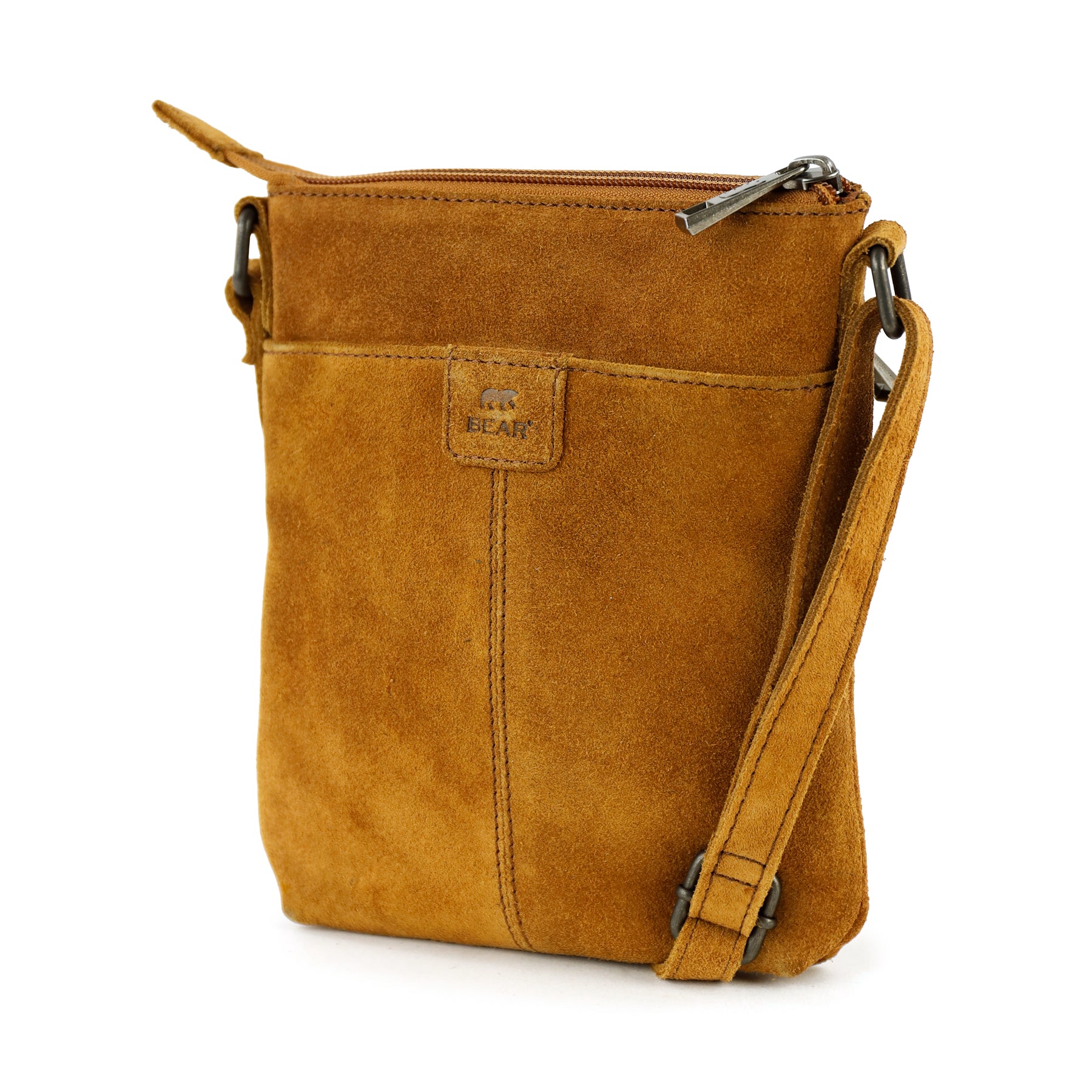 Suede shoulder bag with studs 'Clara' cognac