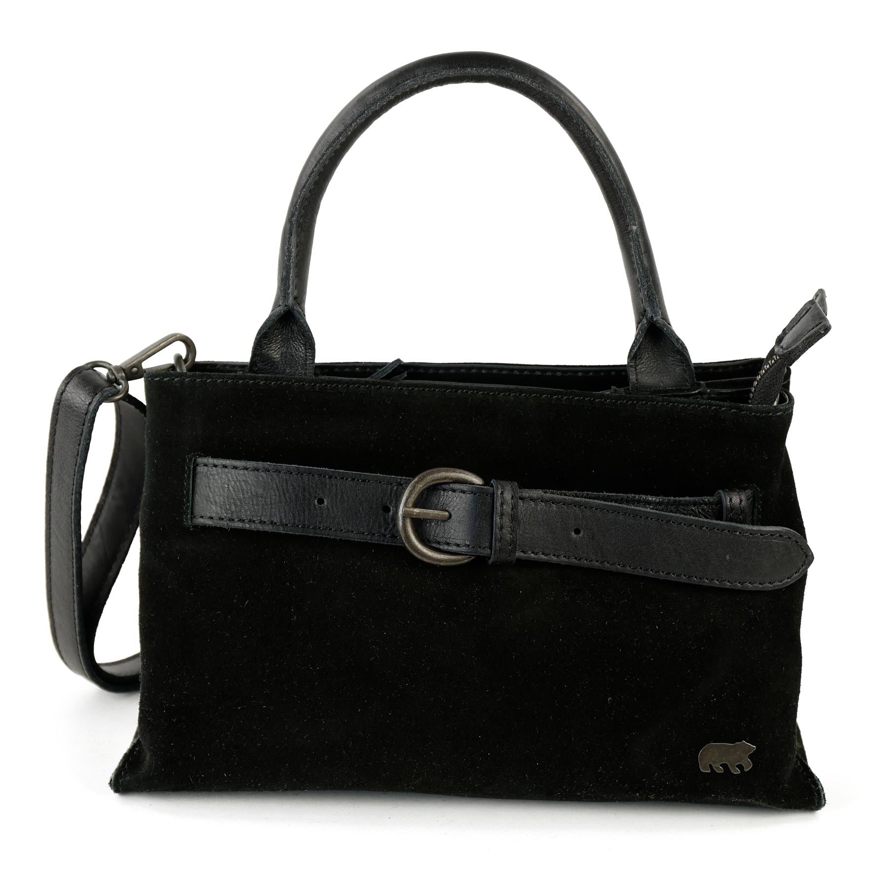 Suède hand-/schoudertasje met gesp 'Aagje' zwart