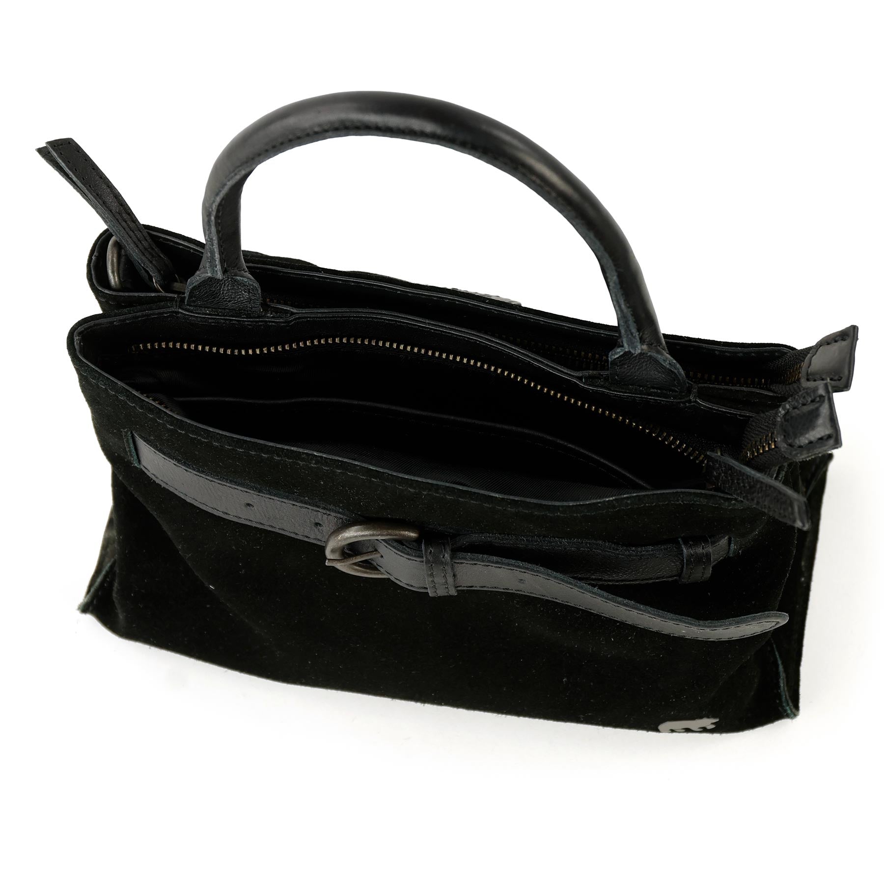 Suede handbag/shoulder bag with buckle 'Aagje' black