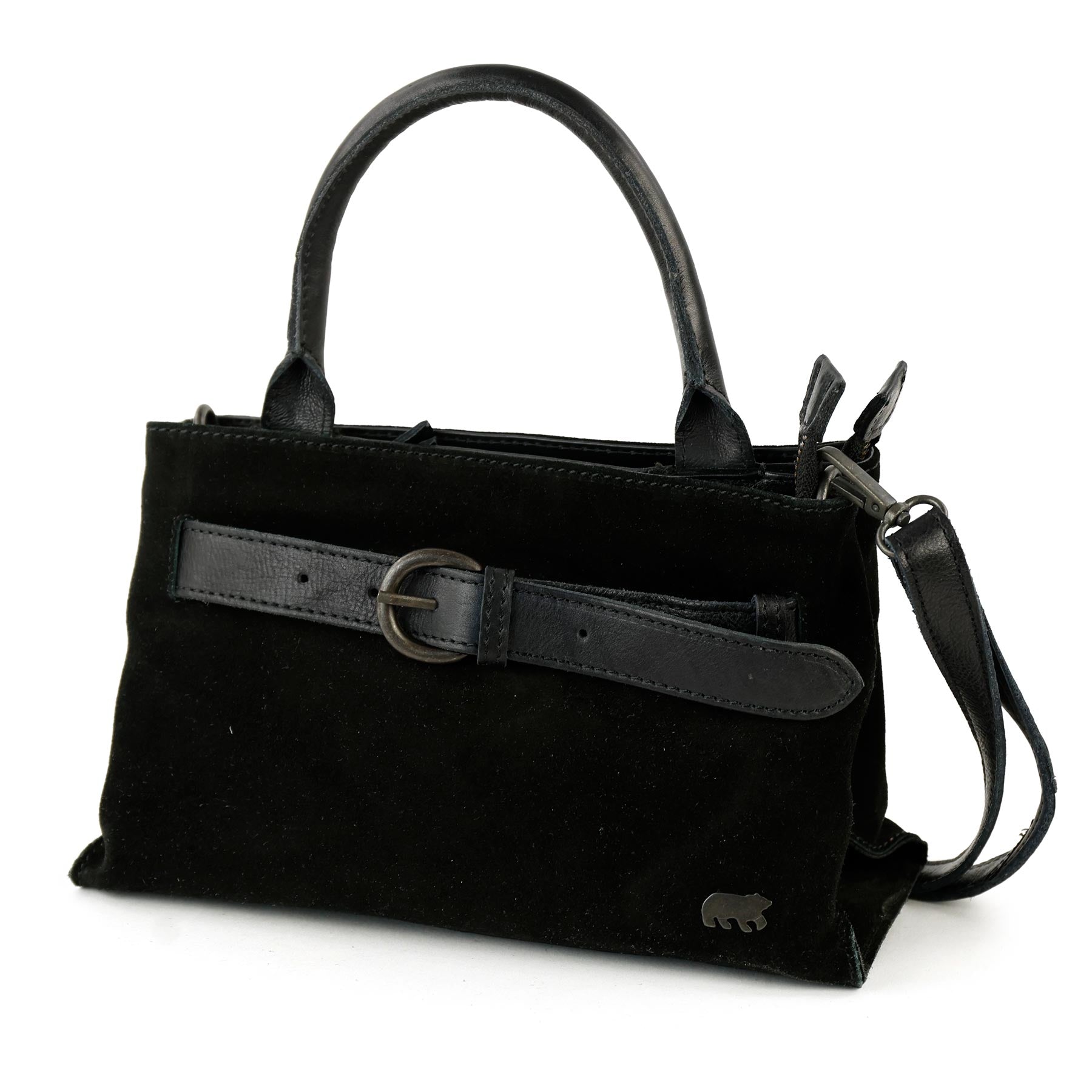 Suede handbag/shoulder bag with buckle 'Aagje' black