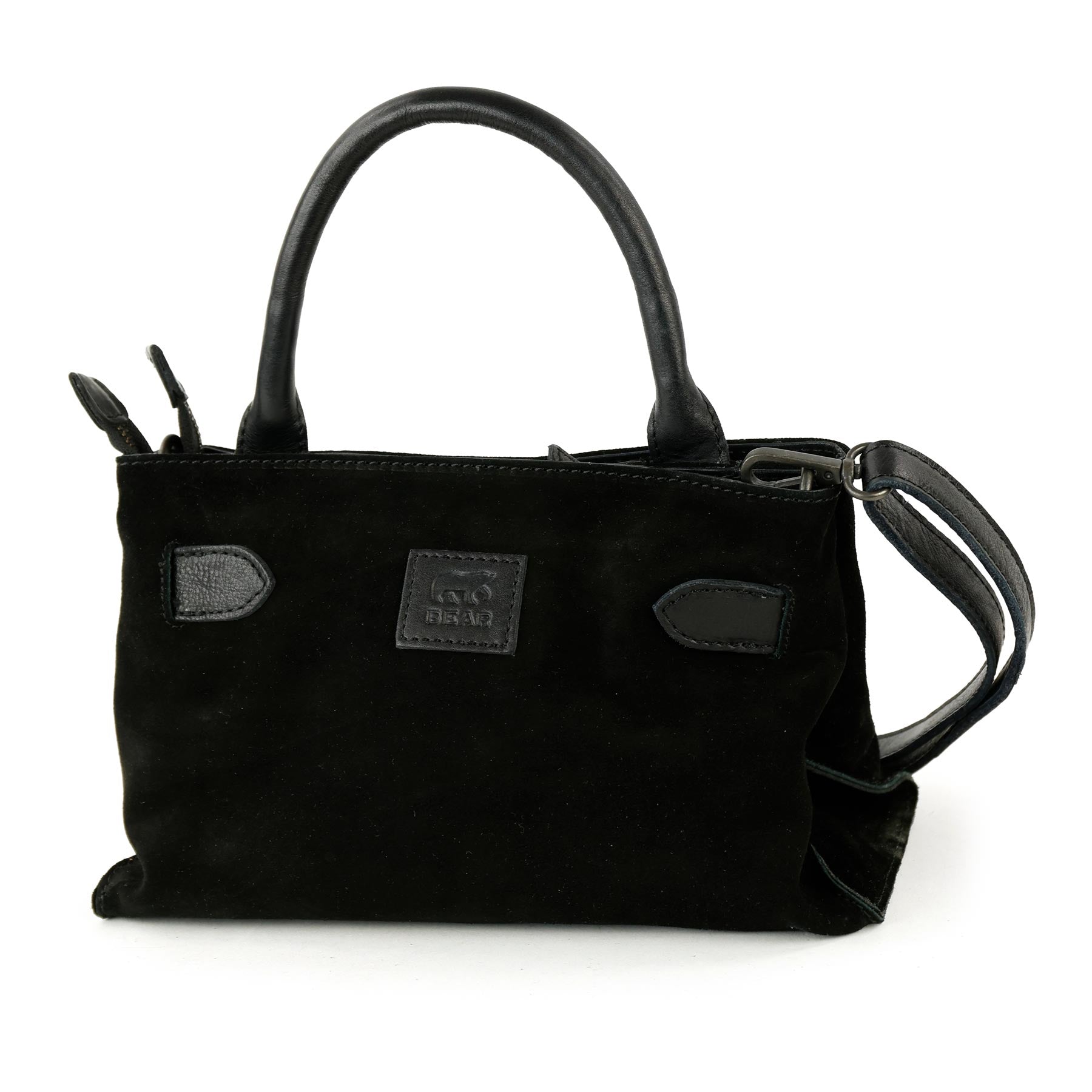 Suede handbag/shoulder bag with buckle 'Aagje' black
