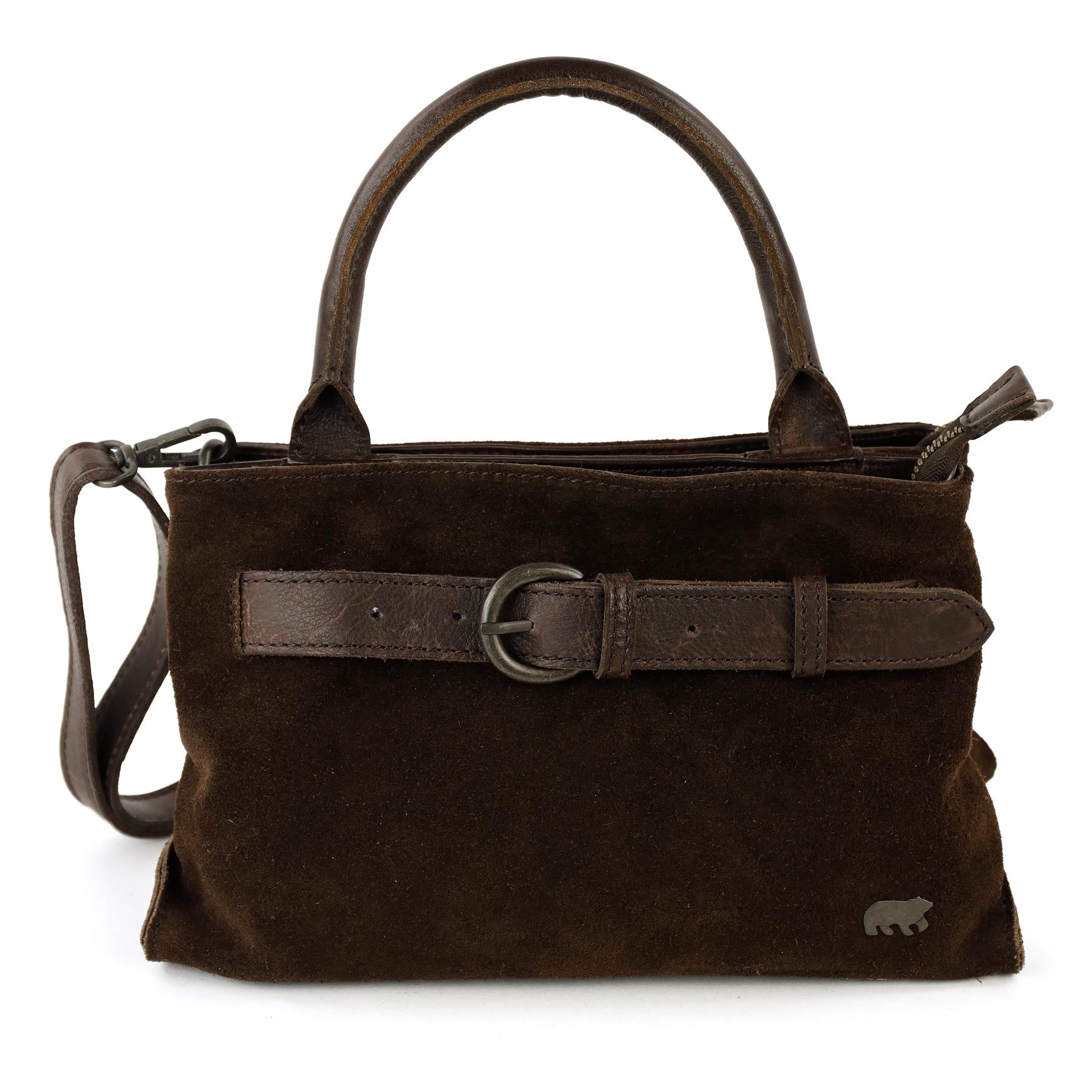 Suède hand-/schoudertasje met gesp 'Aagje' donkerbruin