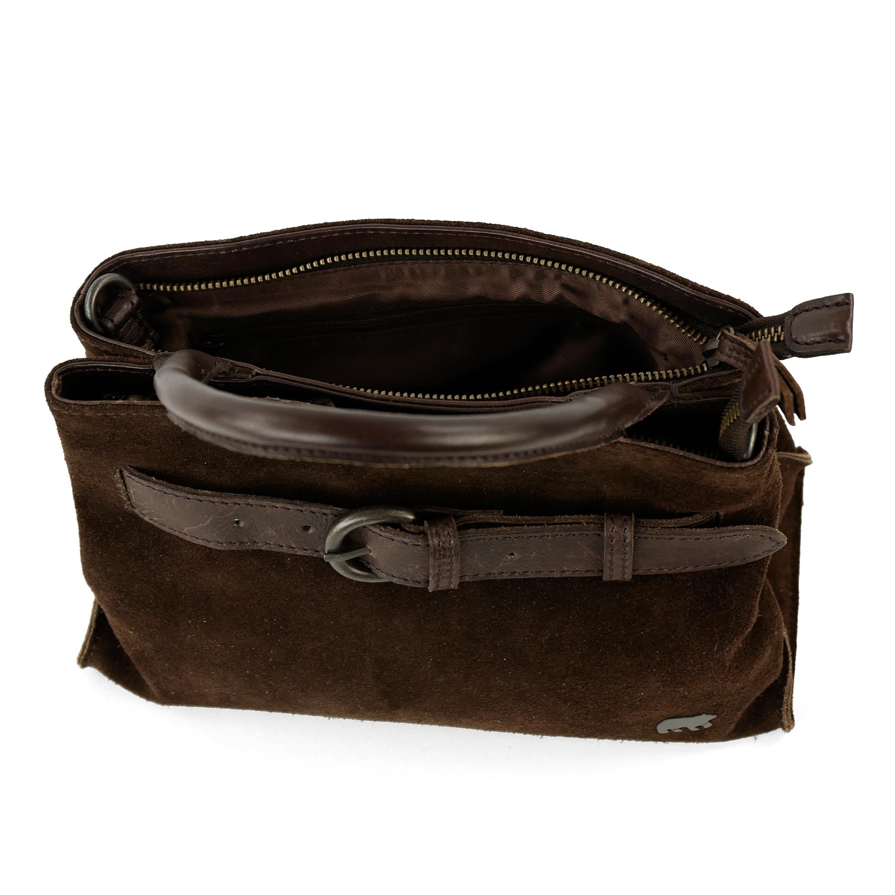 Suede handbag/shoulder bag with buckle 'Aagje' dark brown