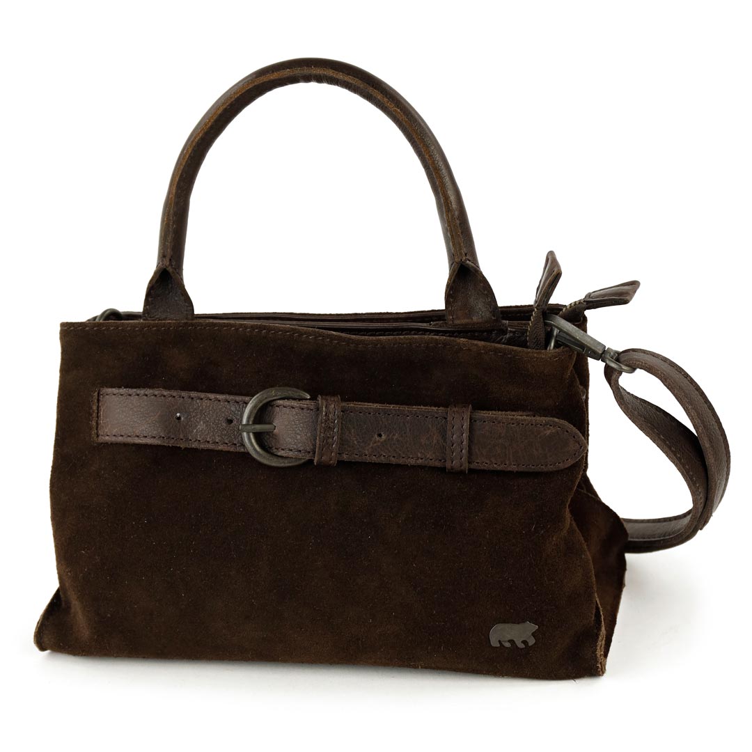 Suede handbag/shoulder bag with buckle 'Aagje' dark brown