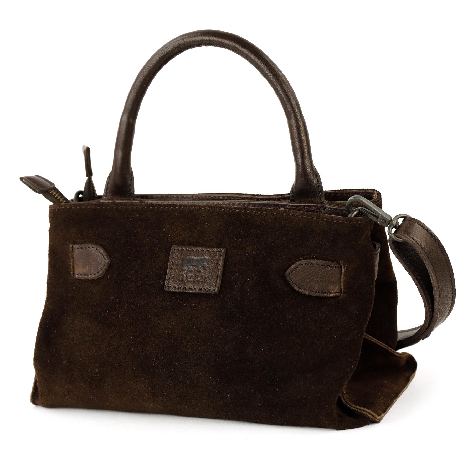 Suede handbag/shoulder bag with buckle 'Aagje' dark brown