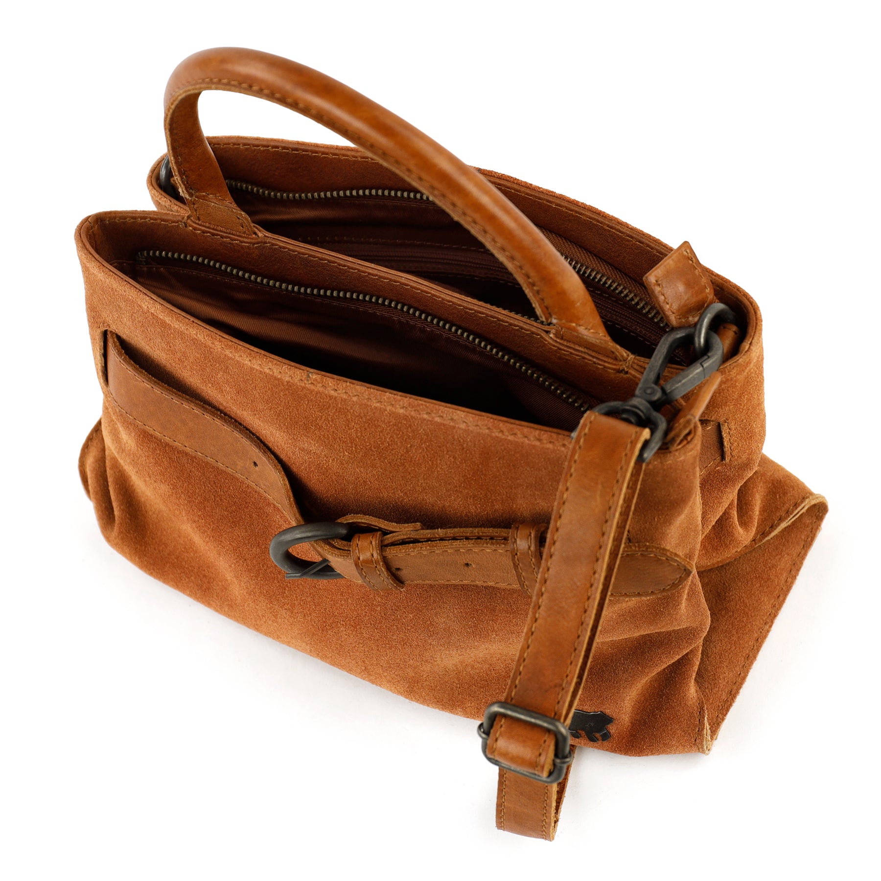 Suede handbag/shoulder bag with buckle 'Aagje' cognac