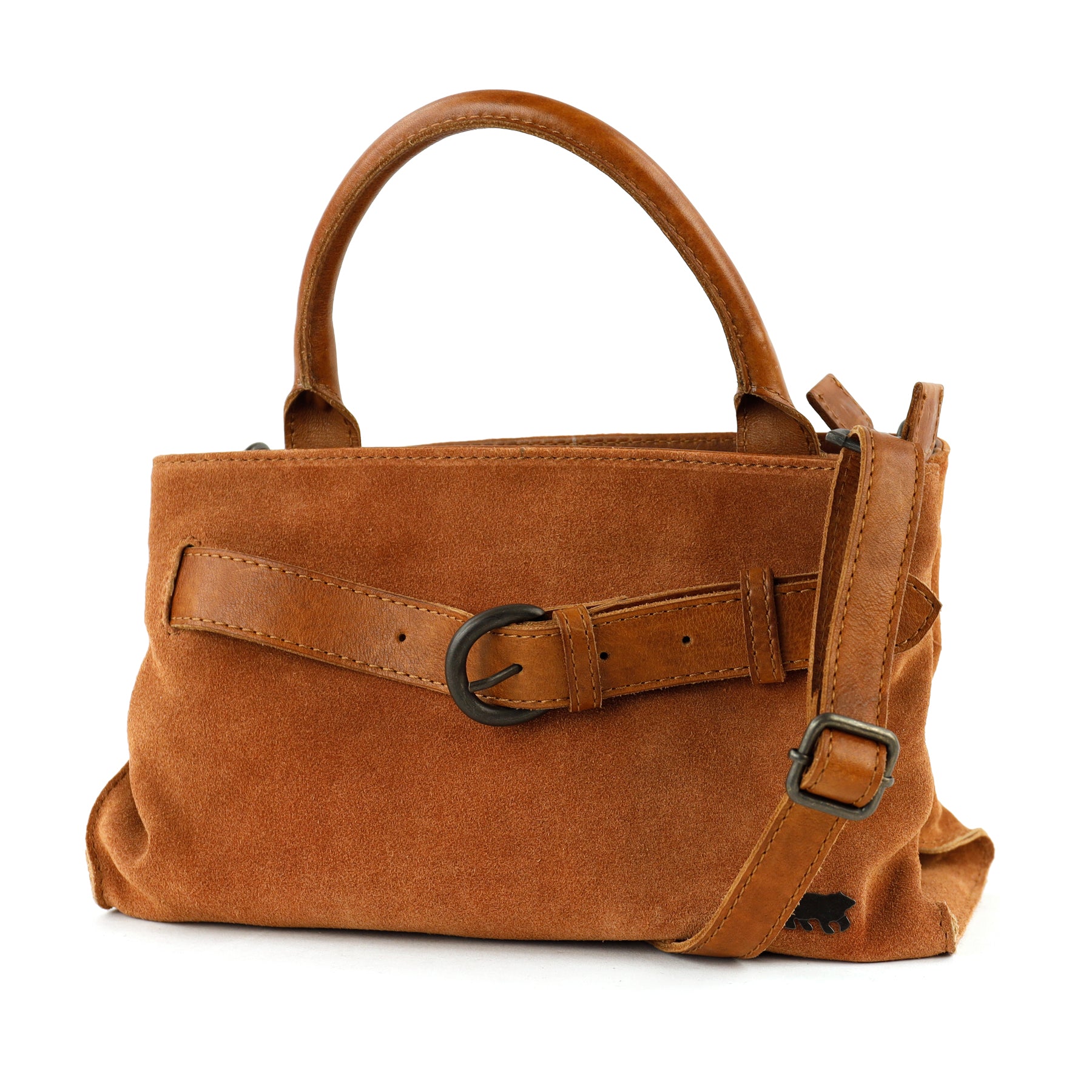 Suede handbag/shoulder bag with buckle 'Aagje' cognac