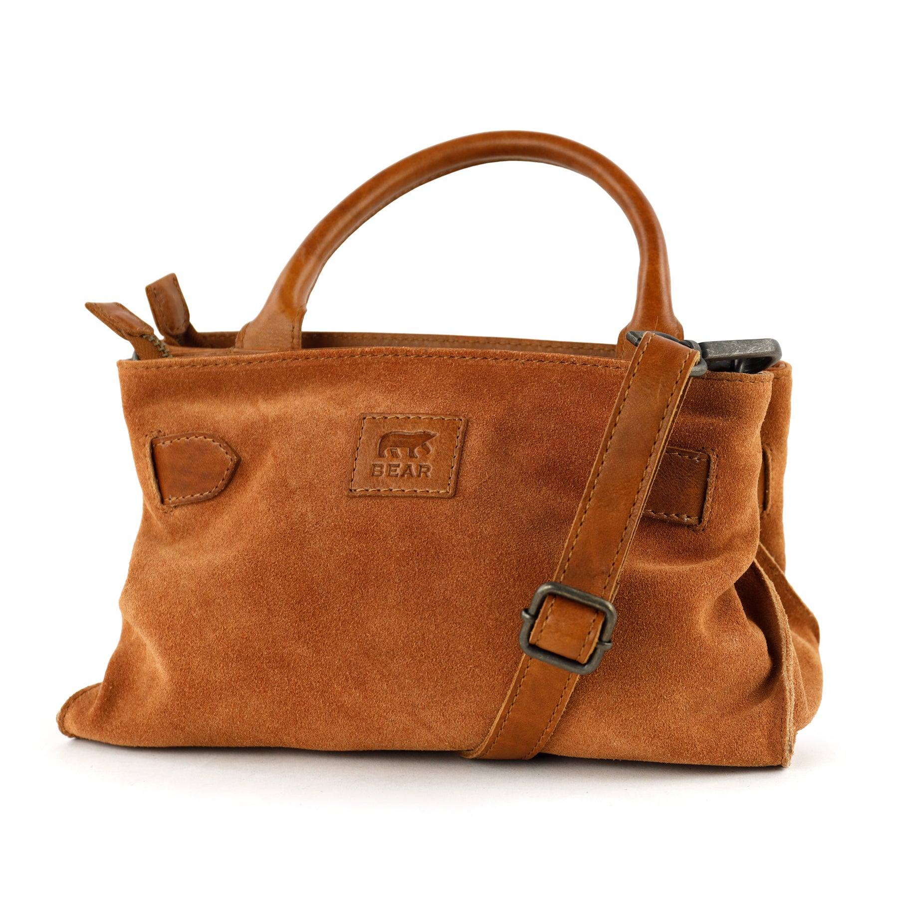 Suede handbag/shoulder bag with buckle 'Aagje' cognac