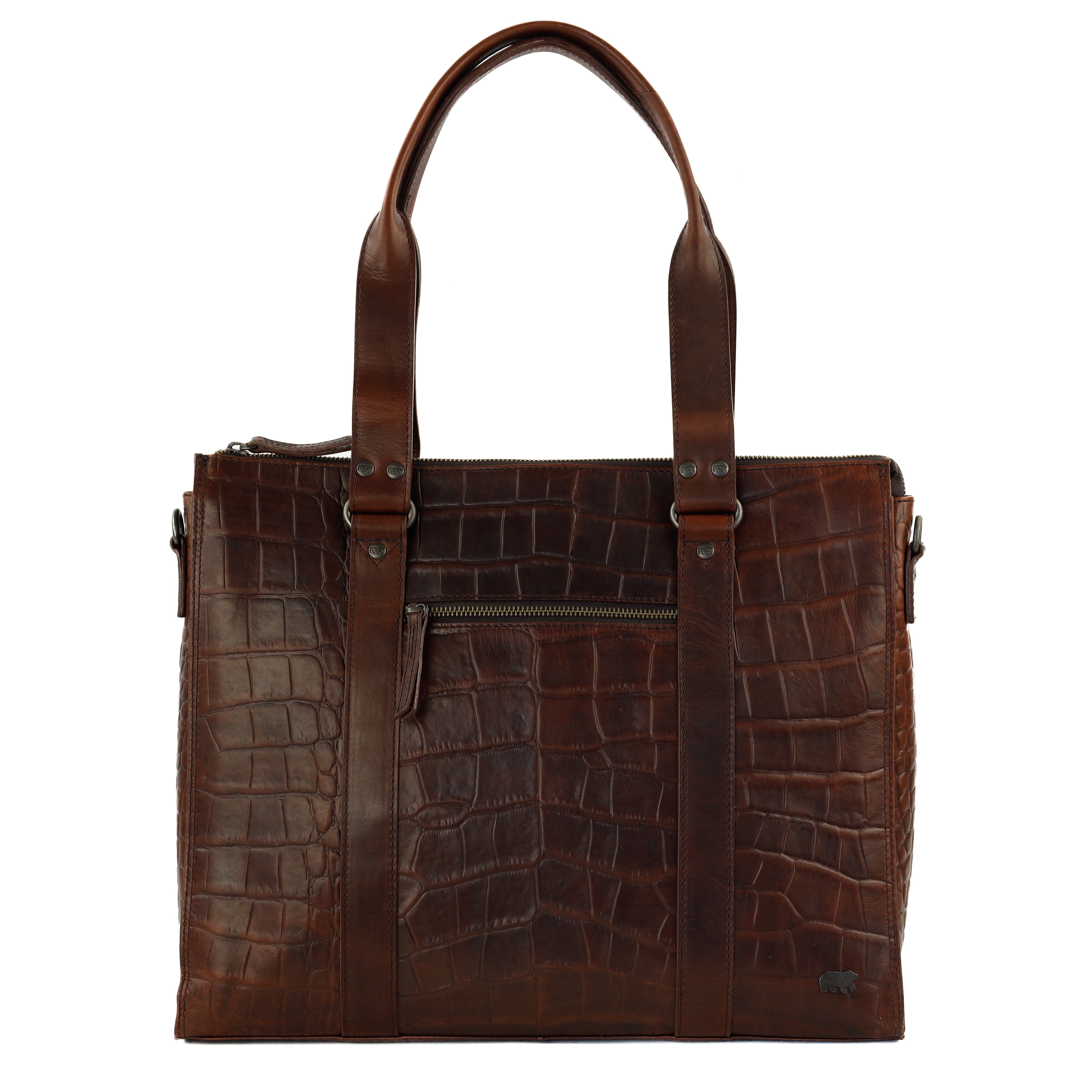 Croco hand-/schoudertas met laptopvak 15.6” 'Aurelia' donkerbruin