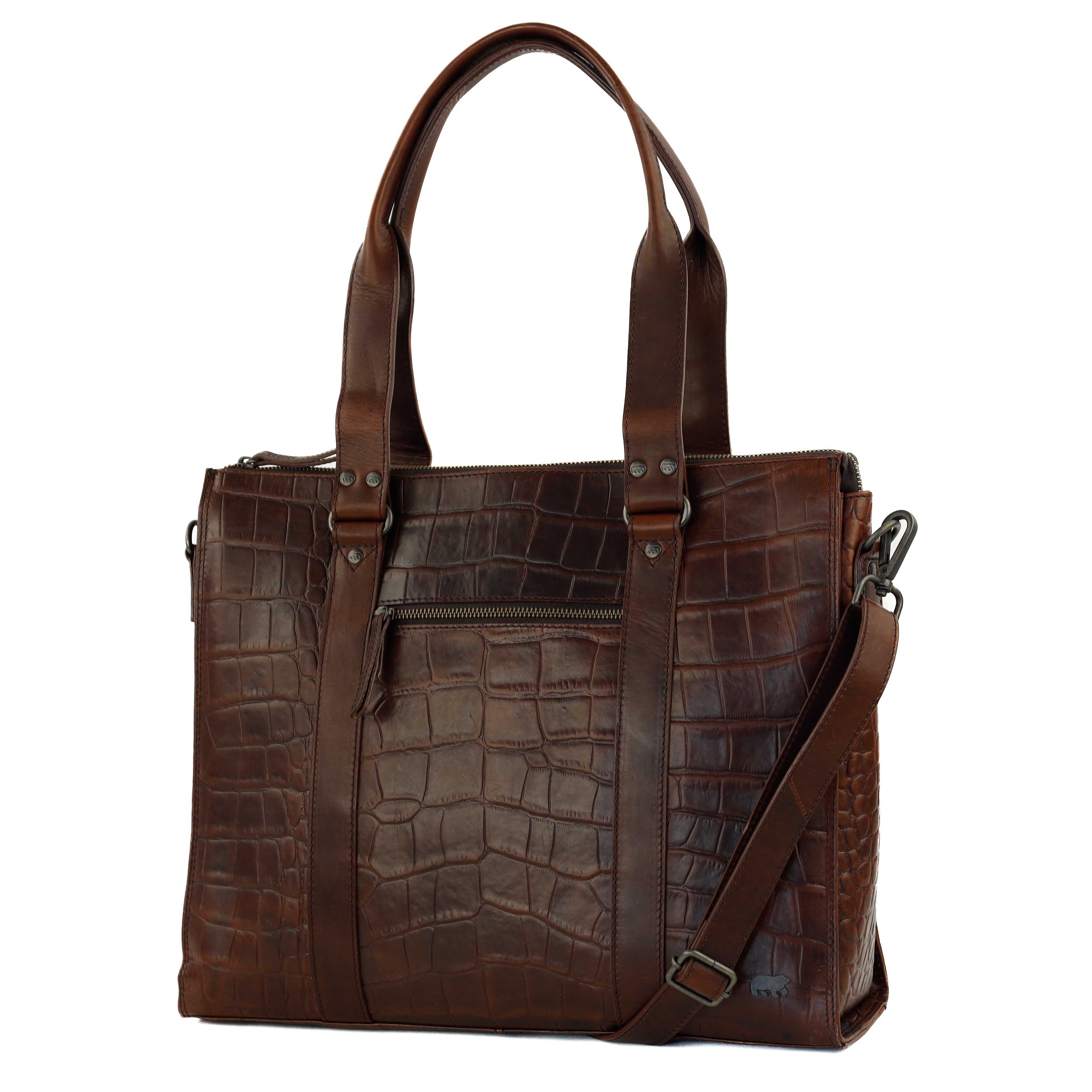Croco hand/shoulder bag with laptop compartment 15.6" 'Aurelia' dark brown