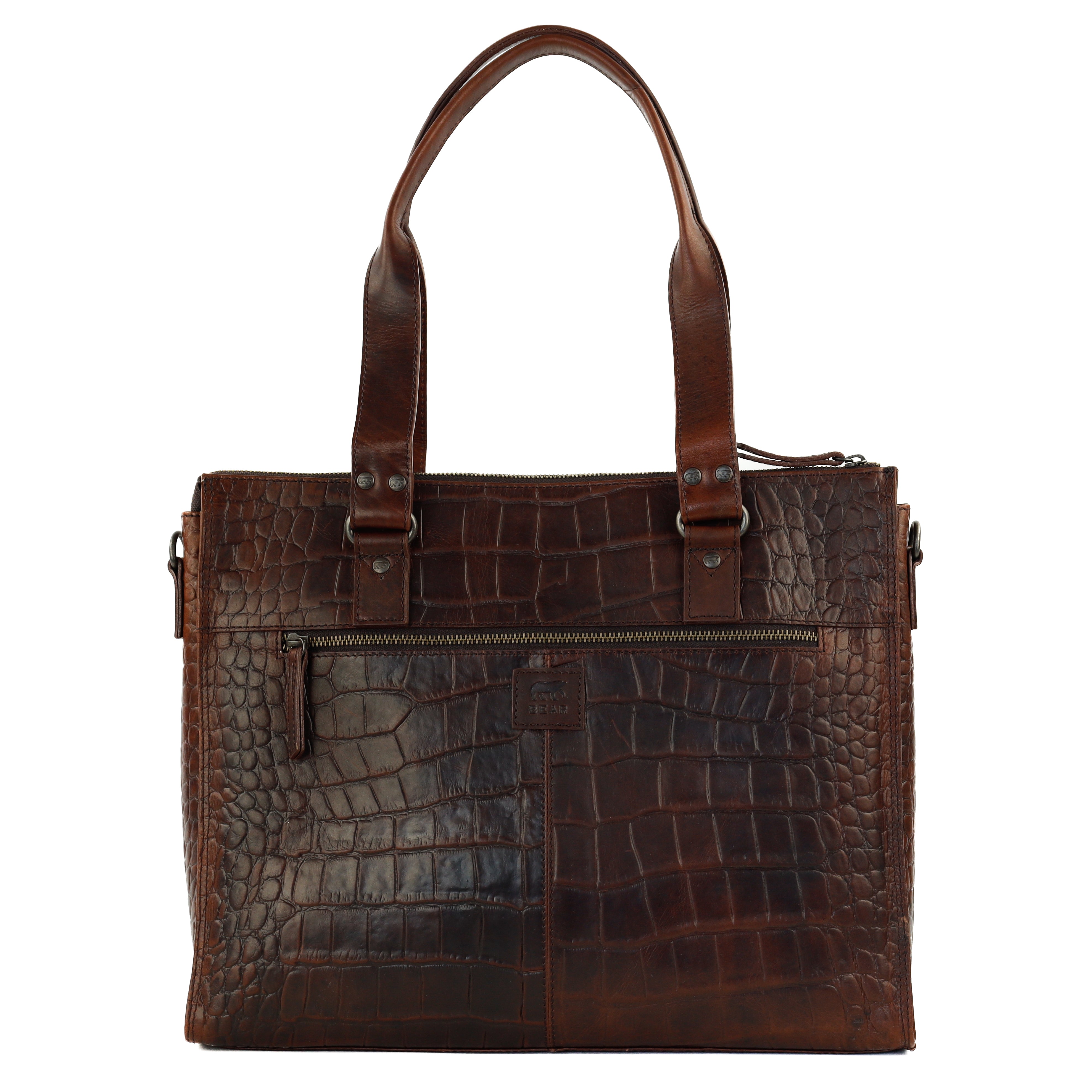 Croco hand/shoulder bag with laptop compartment 15.6" 'Aurelia' dark brown
