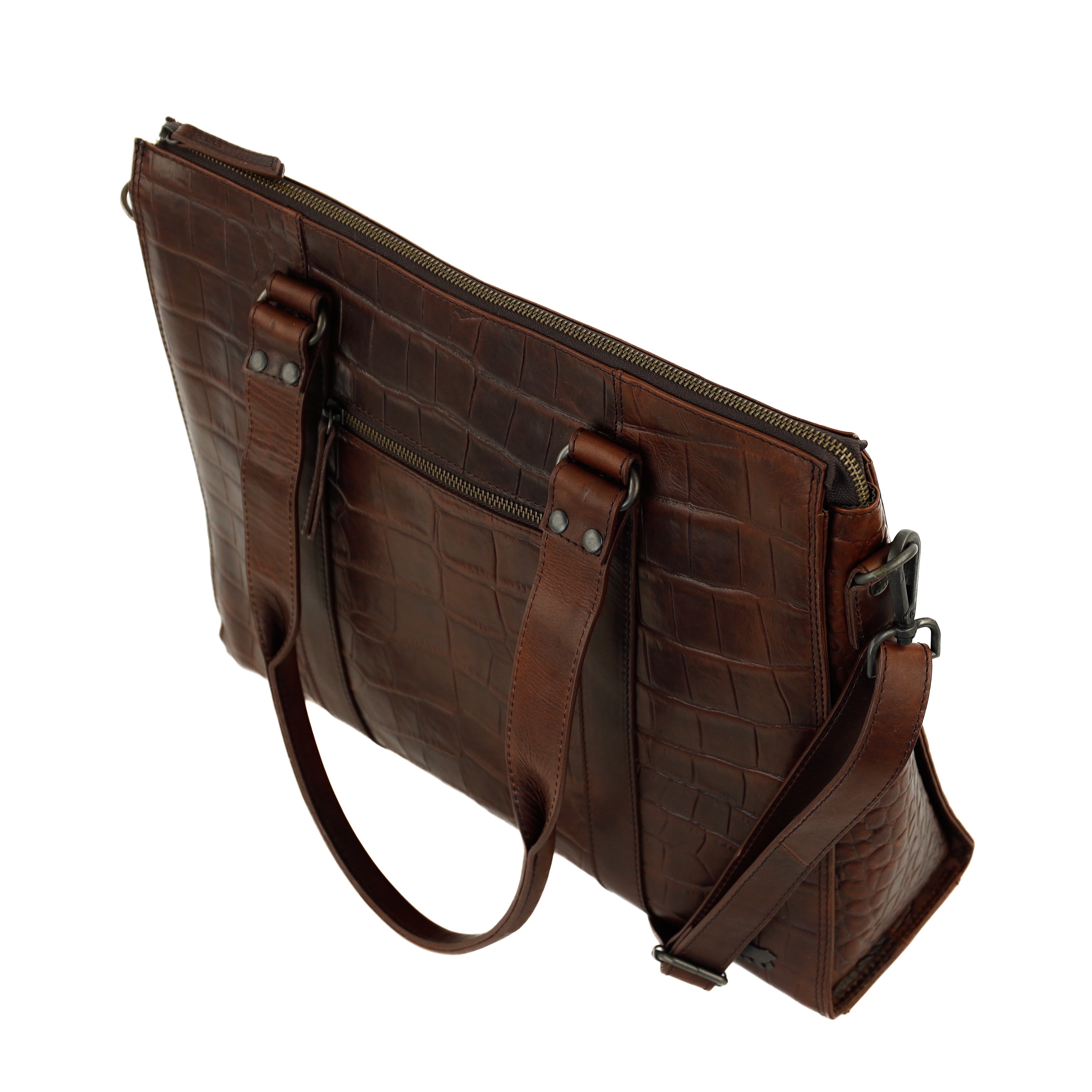 Croco hand/shoulder bag with laptop compartment 15.6" 'Aurelia' dark brown