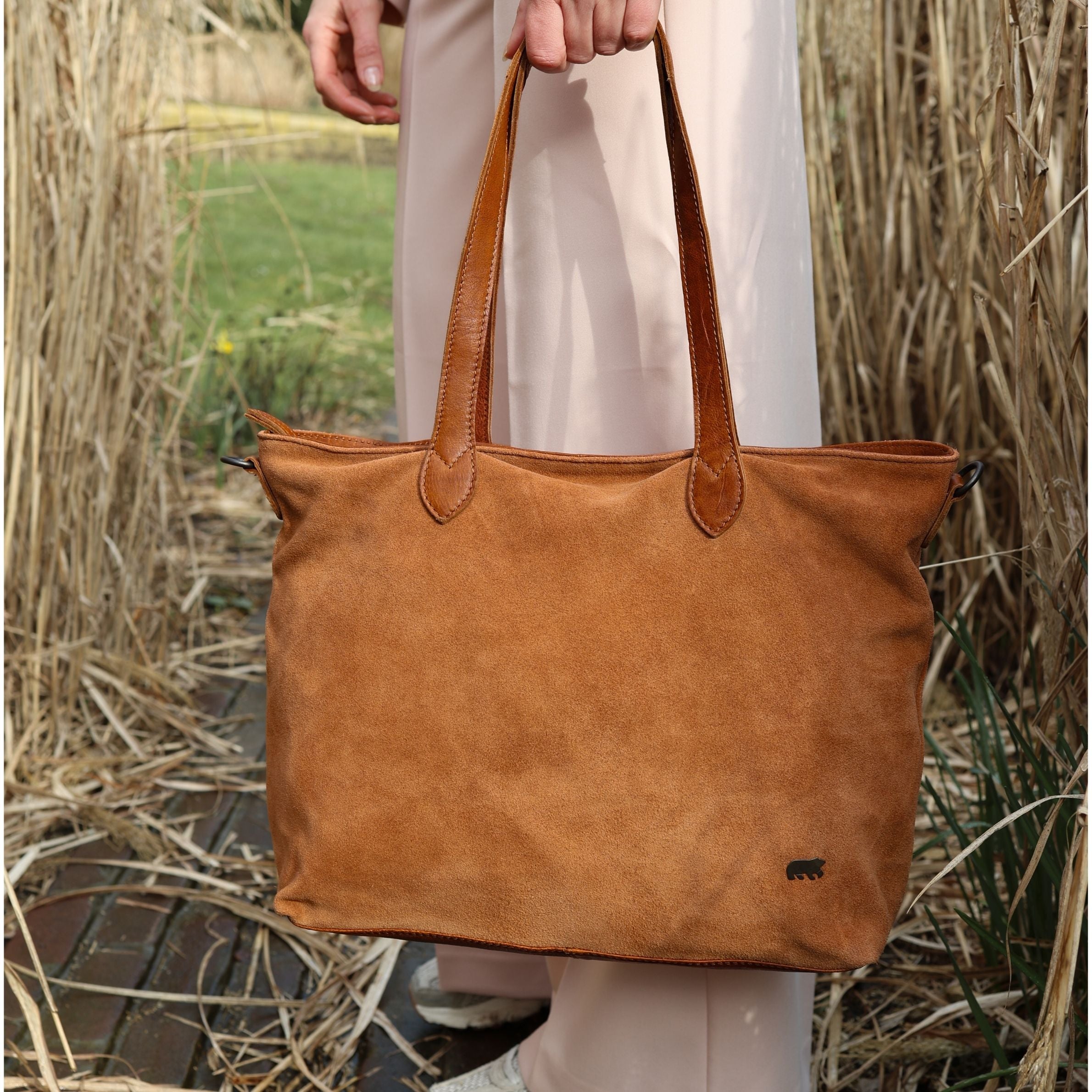 Suède shopper/schoudertas 'Annelies' cognac