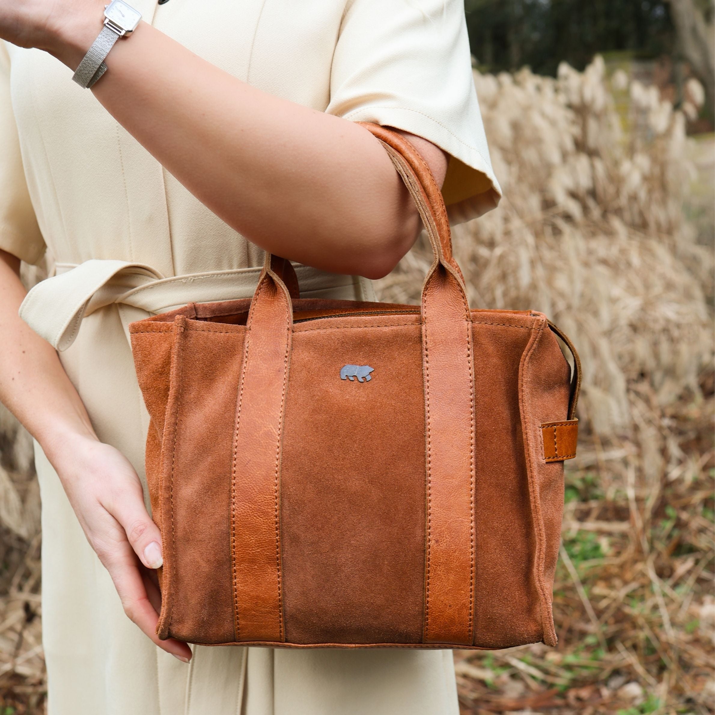 Suede mini tote bag 'Nova' cognac