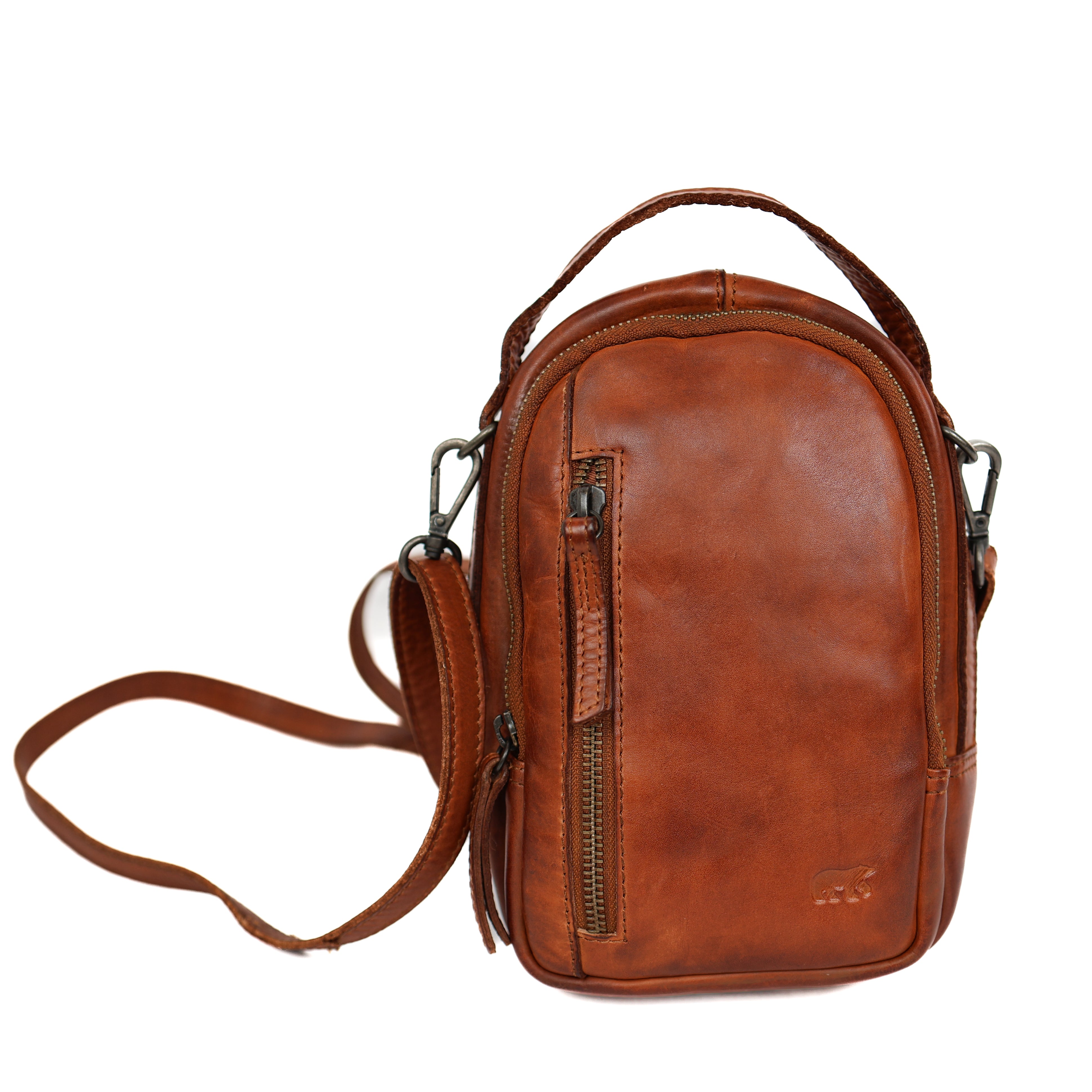 Klein schoudertasje met ritsen 'Bodhi' cognac