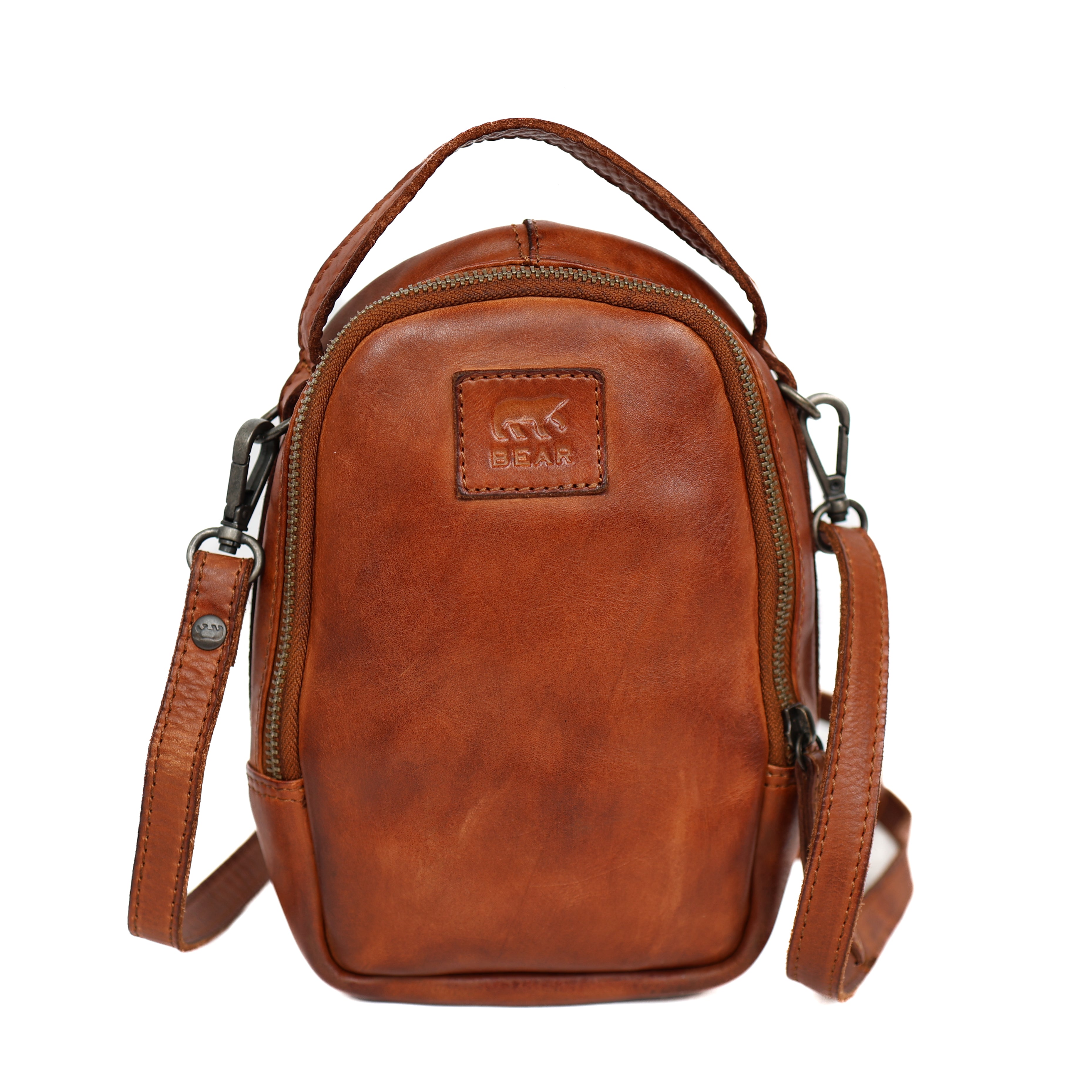 Klein schoudertasje met ritsen 'Bodhi' cognac