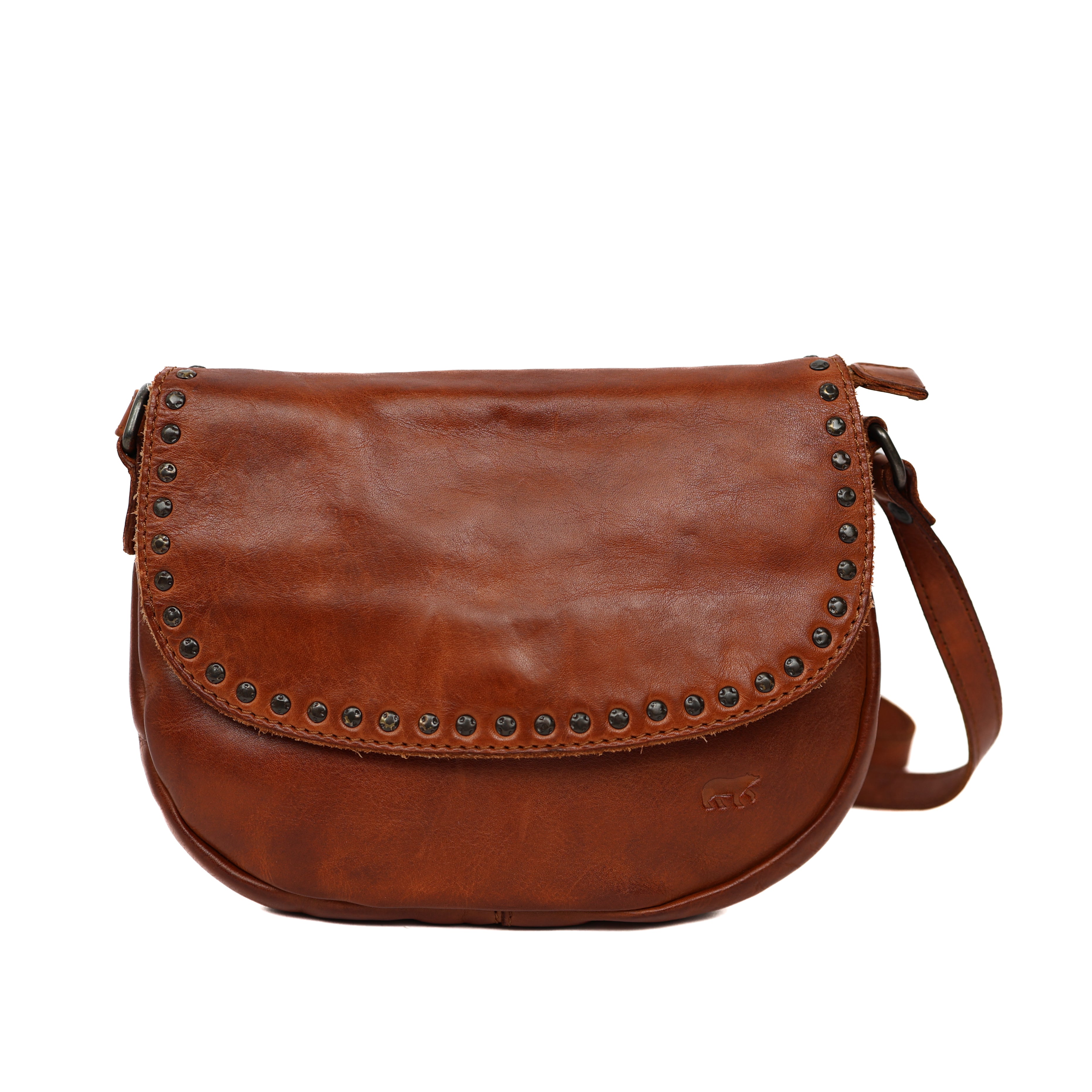 Klein schoudertasje met flap 'Jackie' cognac studs