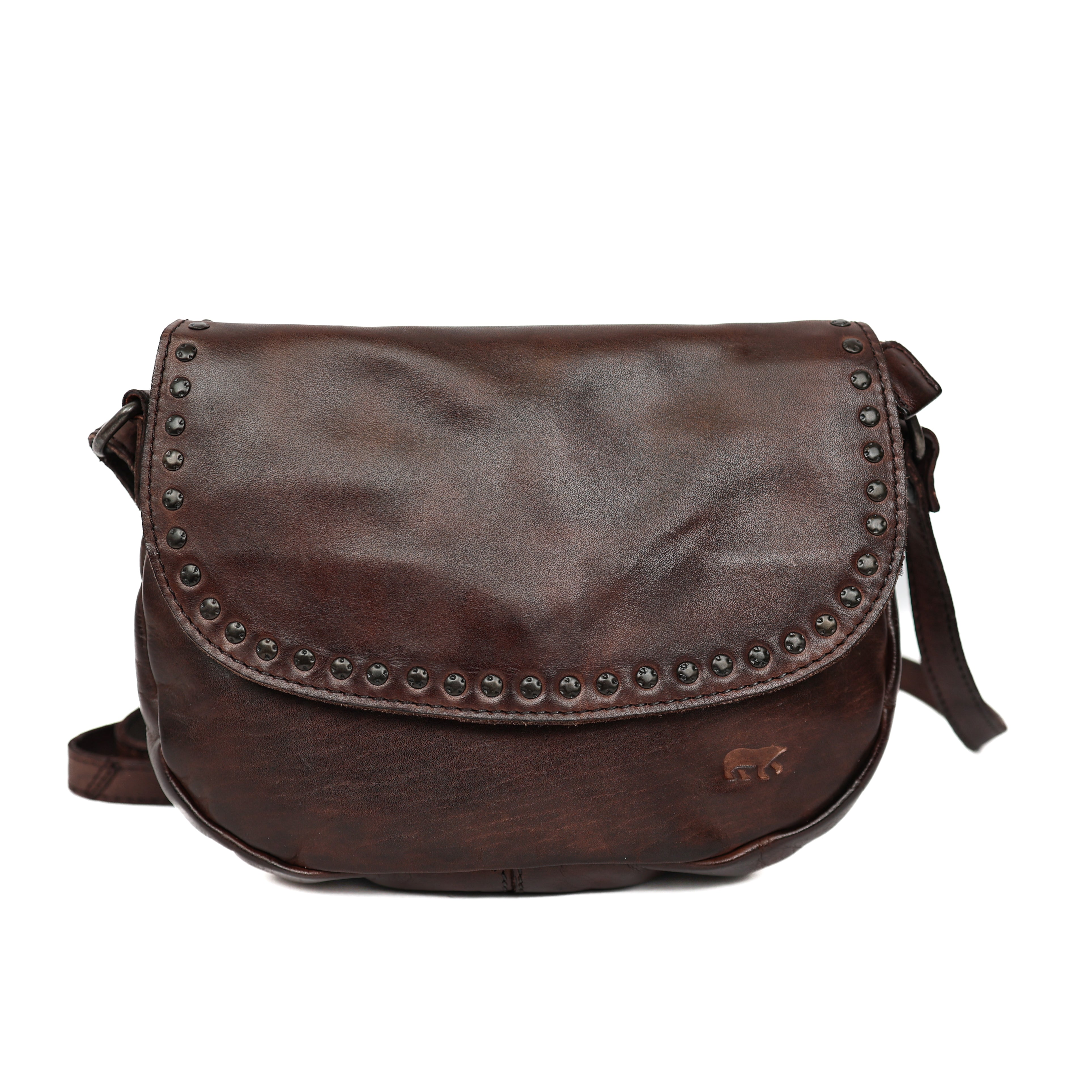 Klein schoudertasje met flap 'Jackie' bruin studs