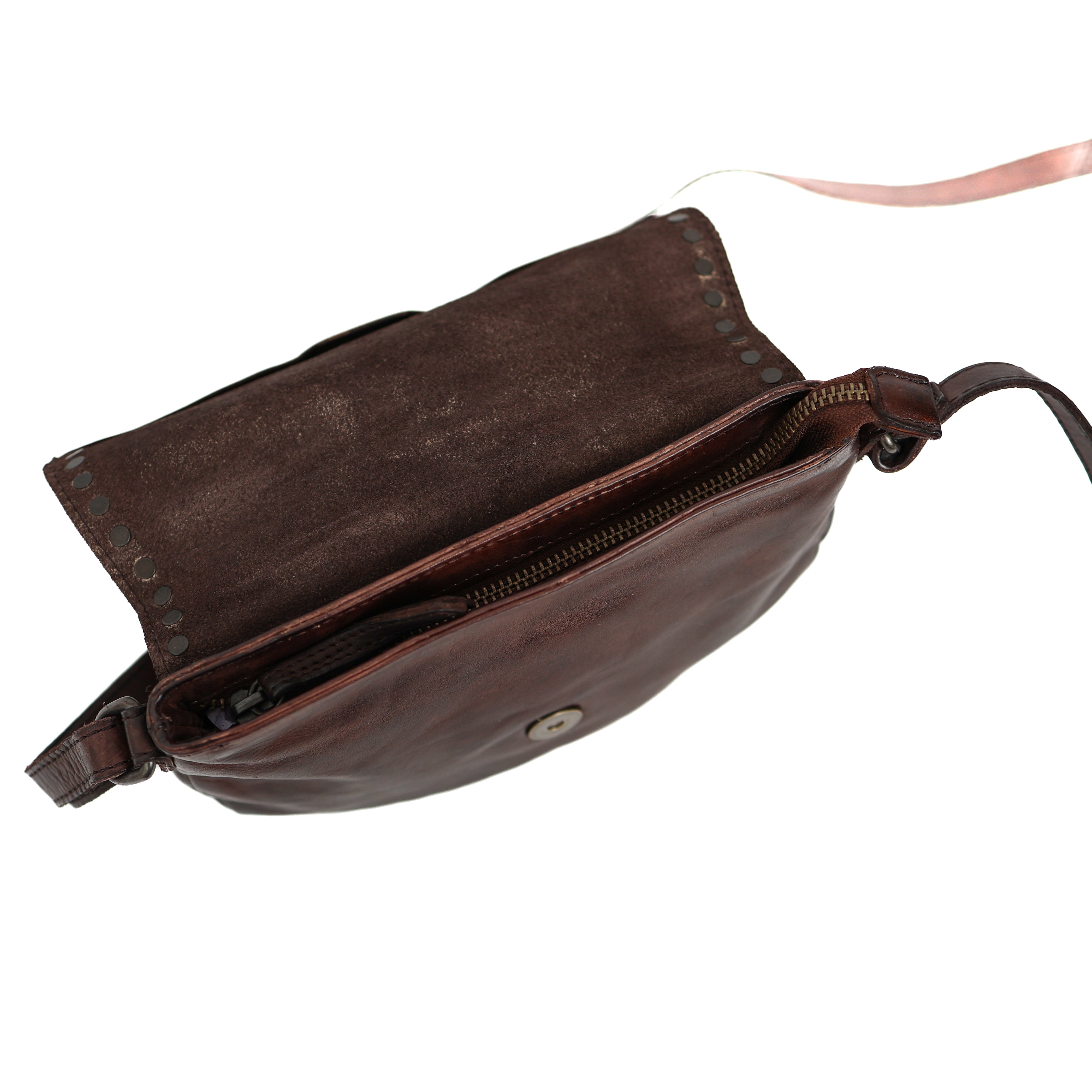 Klein schoudertasje met flap 'Jackie' bruin studs