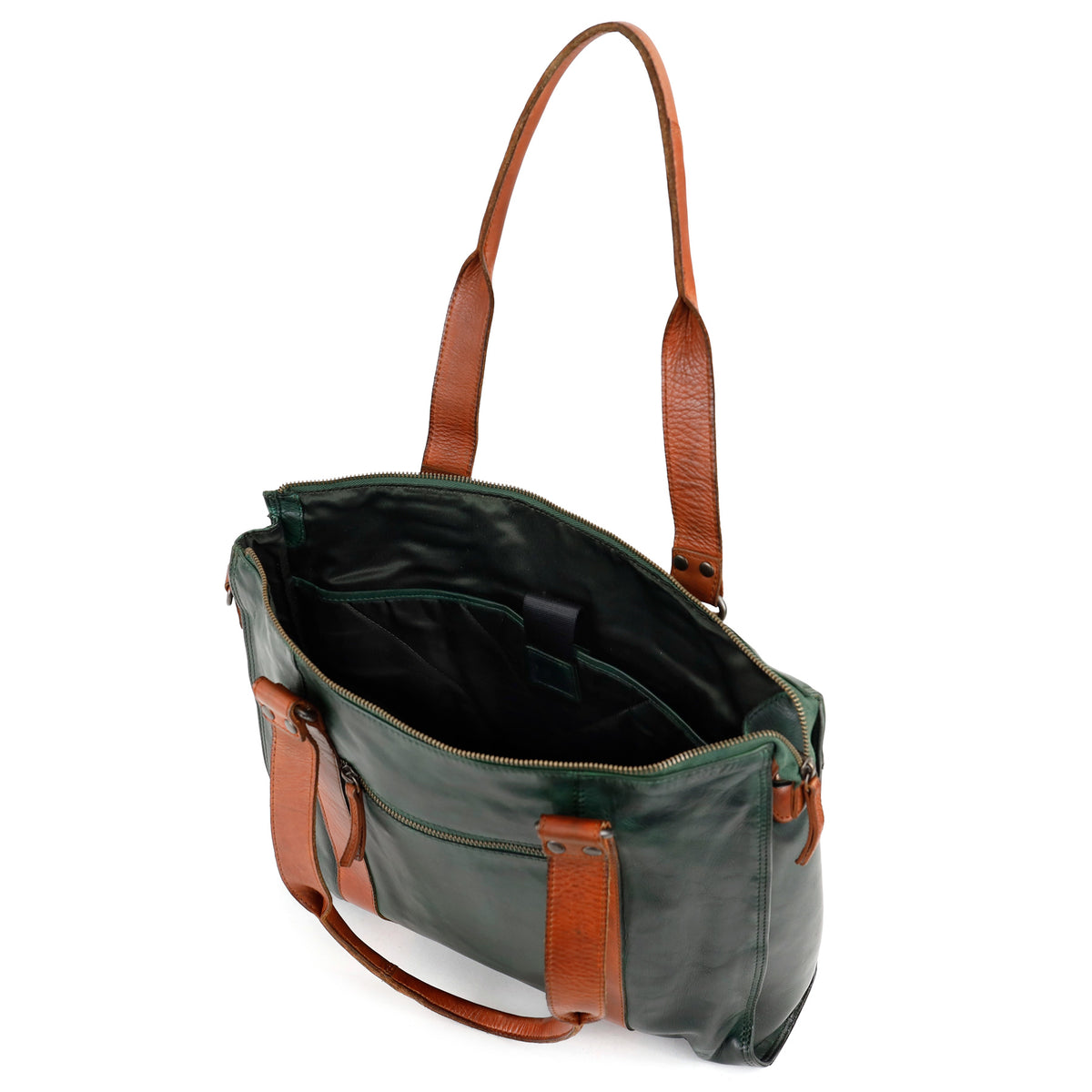 Hand-/schoudertas met laptopvak 15.6” 'Mea' groen/cognac
