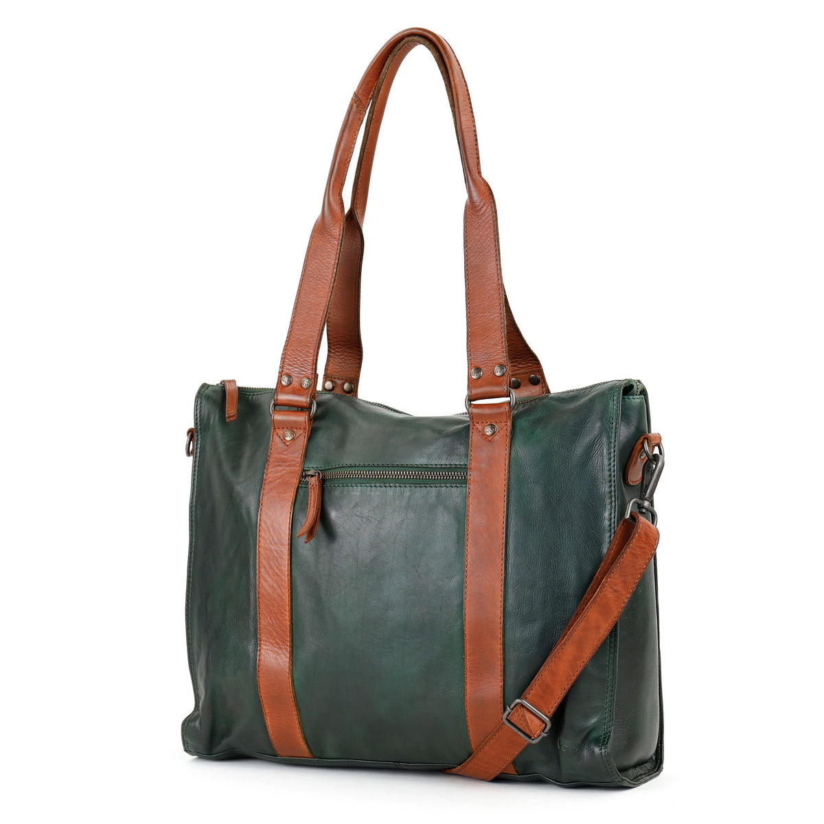 Hand-/schoudertas met laptopvak 15.6” 'Mea' groen/cognac