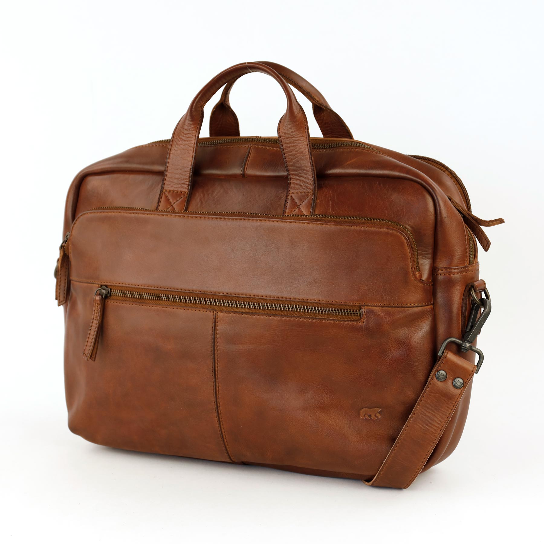 Laptop bag 15.6" with double zipper 'Jamie' cognac
